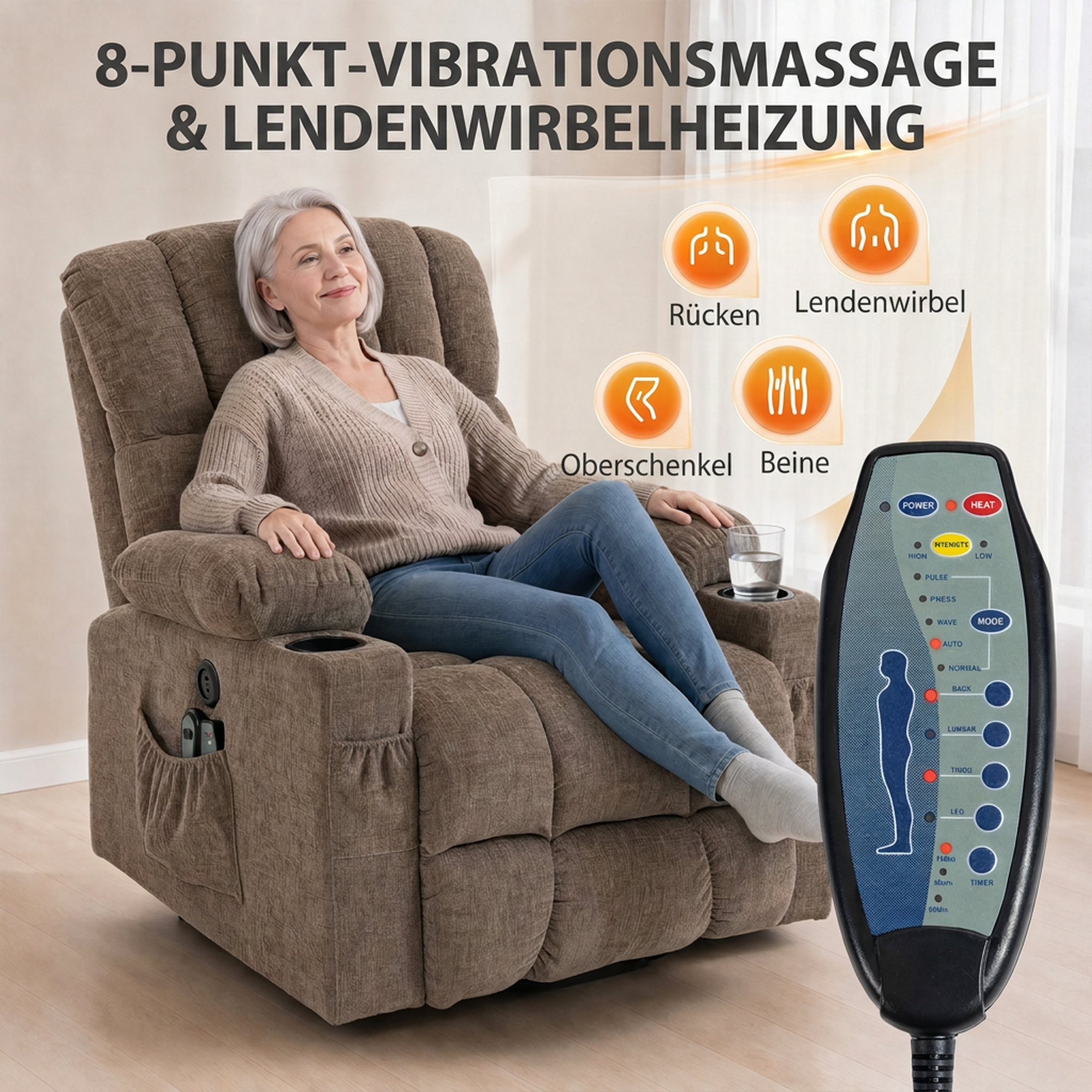 Fernsehsessel mit Aufstehhilfe, Elektrischer Relaxsessel mit Massage & Wärme, Liegefunktion, USB-Anschlüssen, Braun