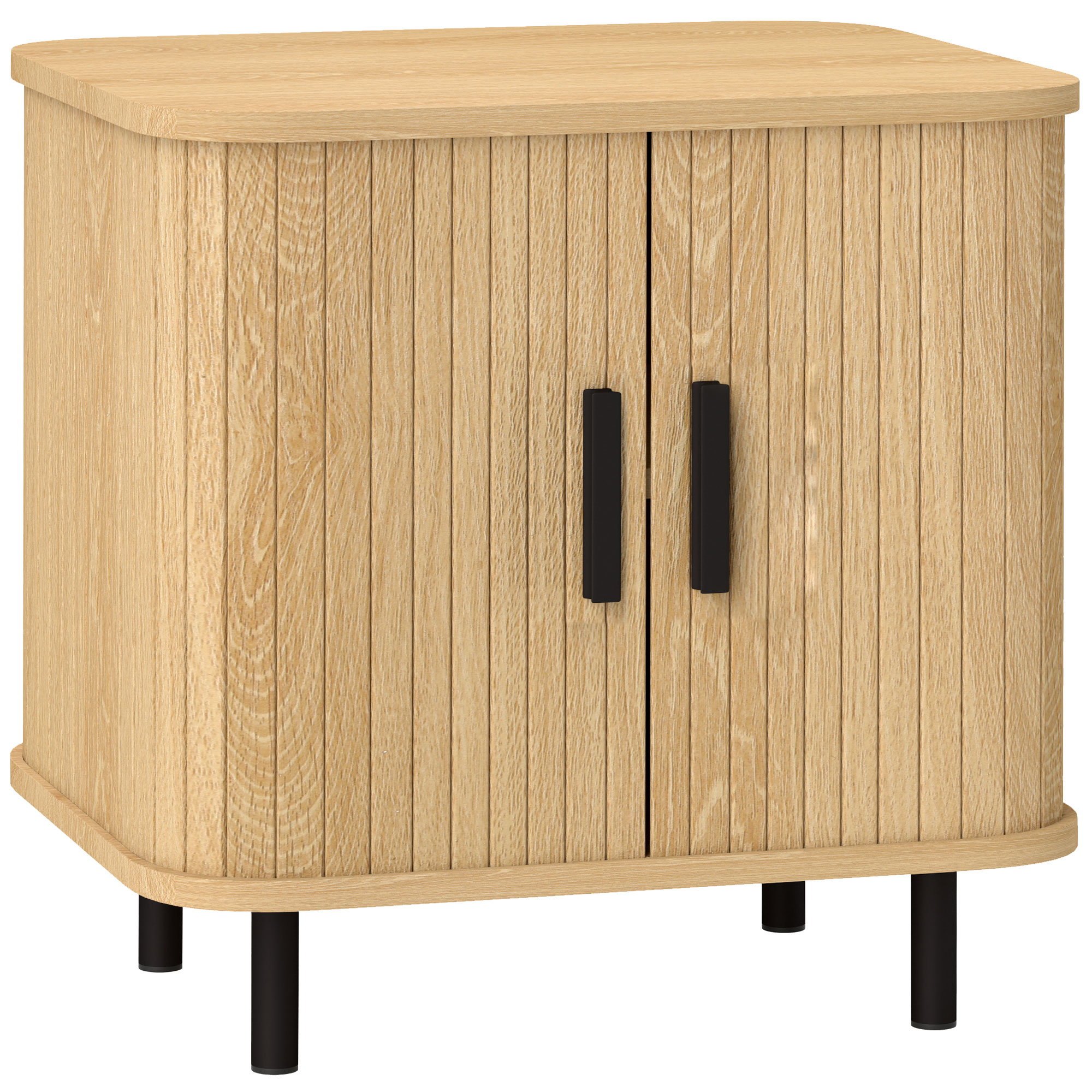 Nachttisch Beistelltisch mit Lamellentüren und Stahlbeinen, für Schlafzimmer und Wohnzimmer, Eiche