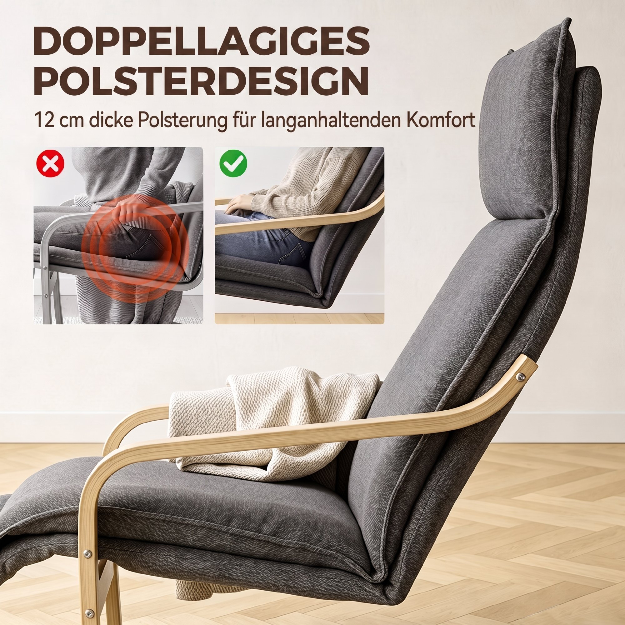 Loungesessel Wohnzimmer Sessel mit Fußstütze, Leinenoptik Moderner Schwingsessel mit Schaukelfunktion Dunkelgrau