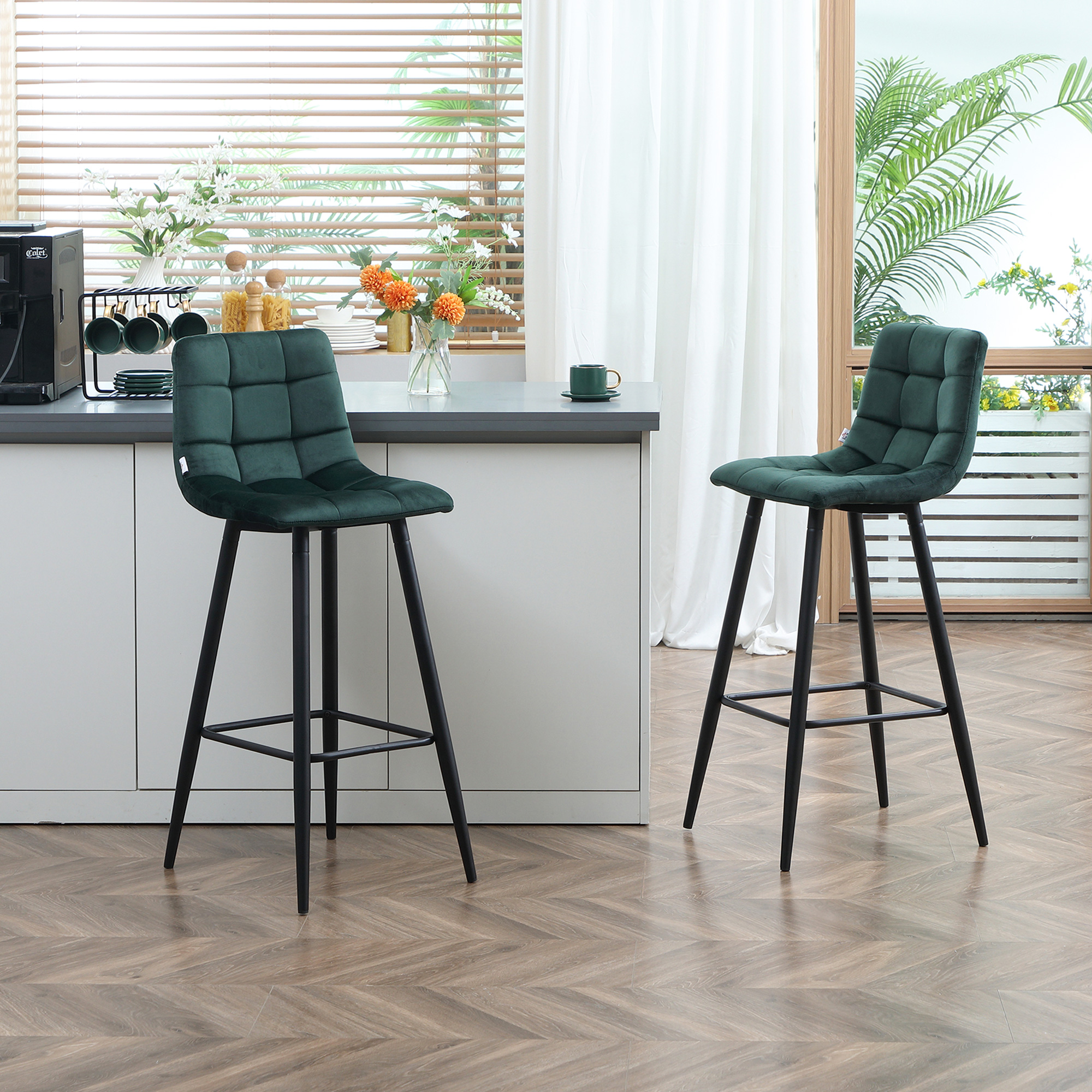 Barhocker 2er-Set, modernes Design, weicher Sitz, Stahlrahmen, 42 x 47 x 105 cm, Grün