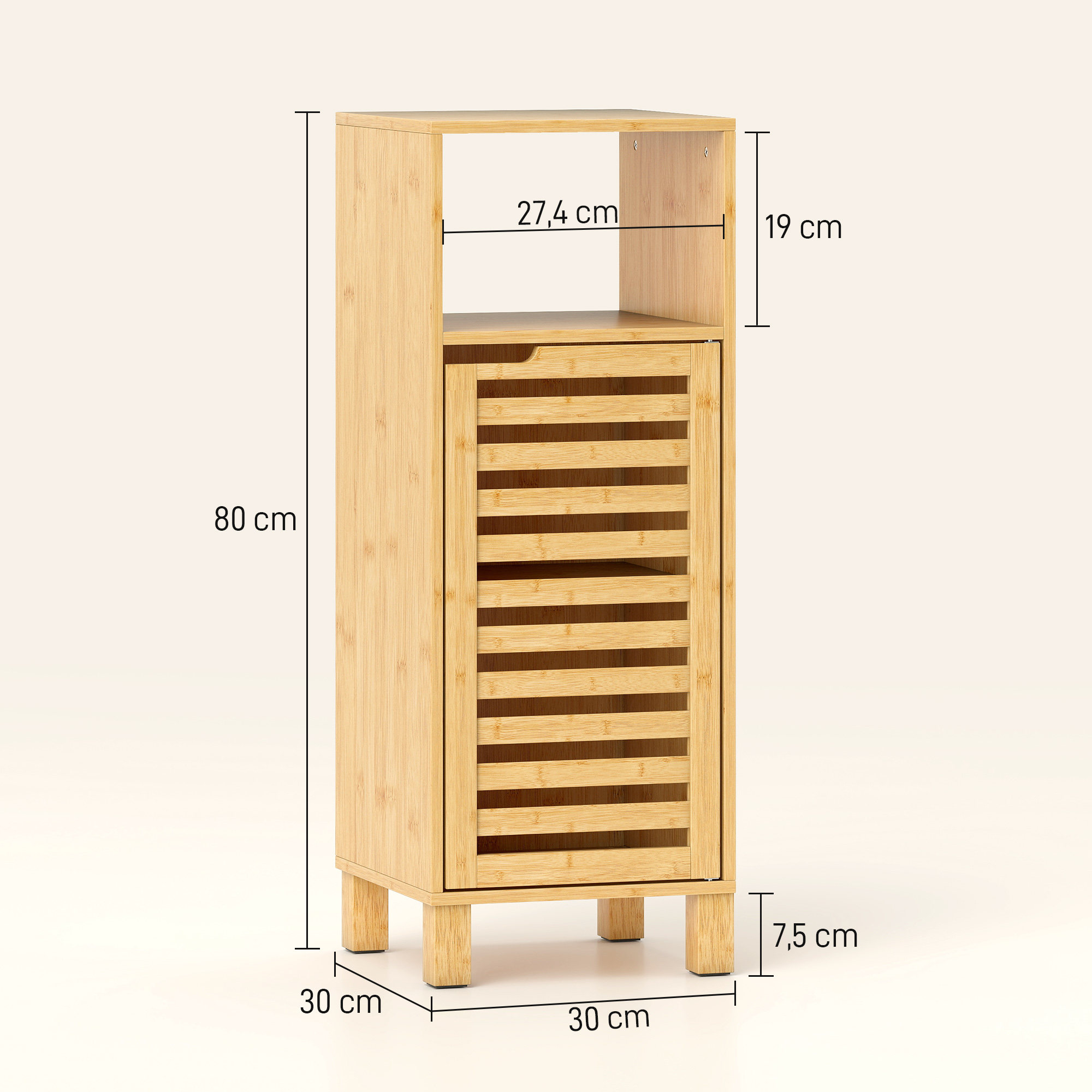 Badezimmerschrank, offenes Regal, Schrank, Bambusholz, Lamellentür, Hellbraun