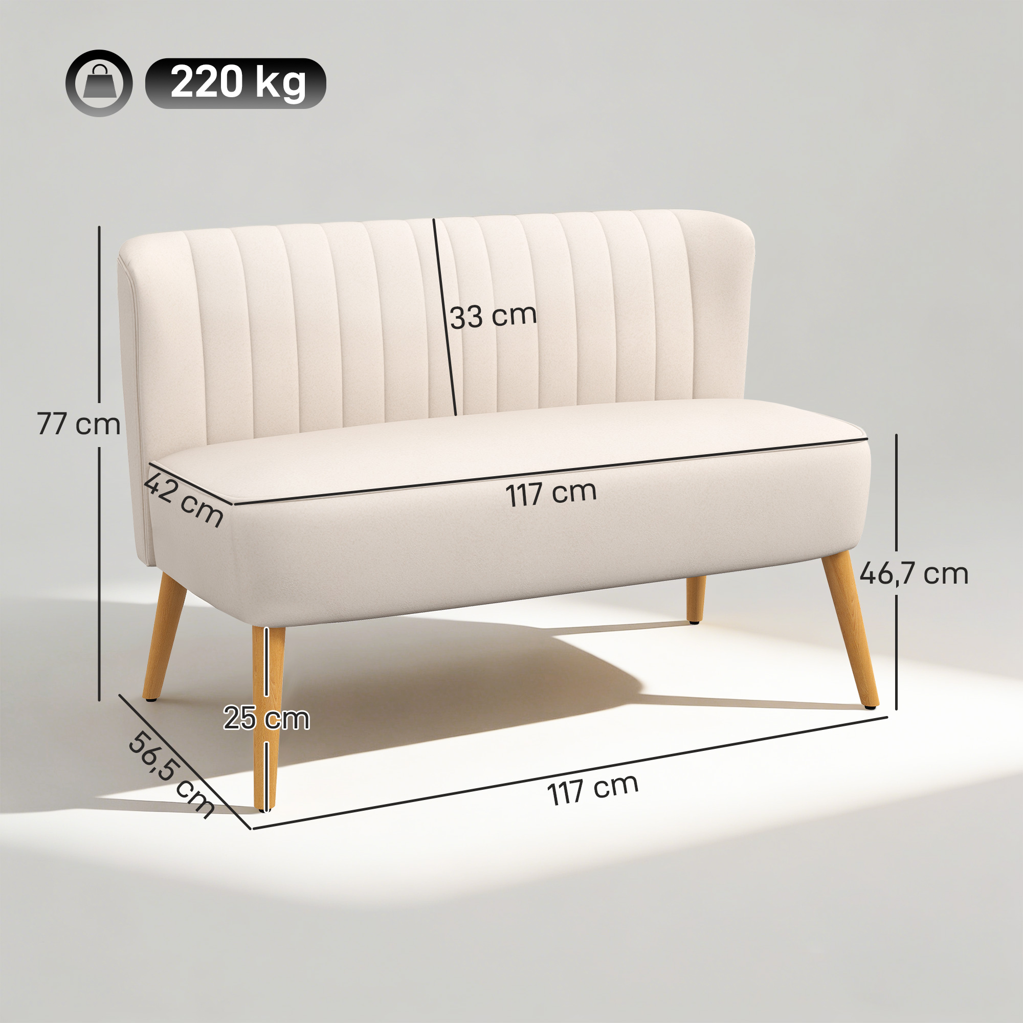 Sofa Retrodesign 2-Sitzer-Sofa, Holzbeine, 117 cm x 56,5 cm x 77 cm, Cremeweiß