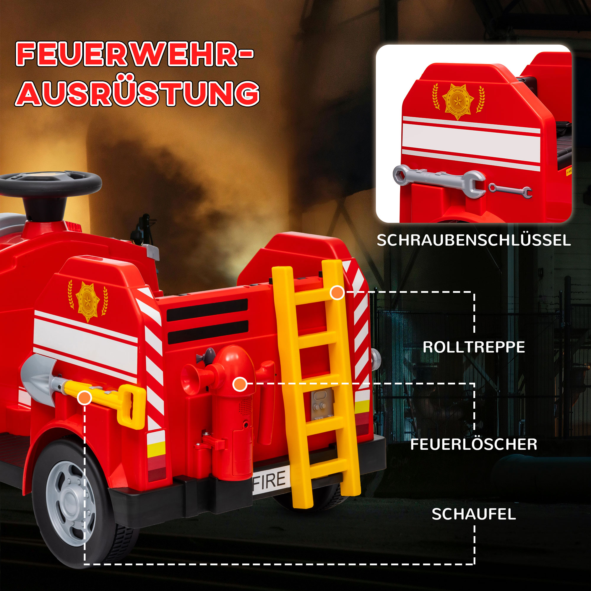 Feuerwehrauto, Elektro-Kinderauto, max. 3 km/h, Sirene, Blaulicht, Werkzeuge, für Kinder 3-5 Jahre