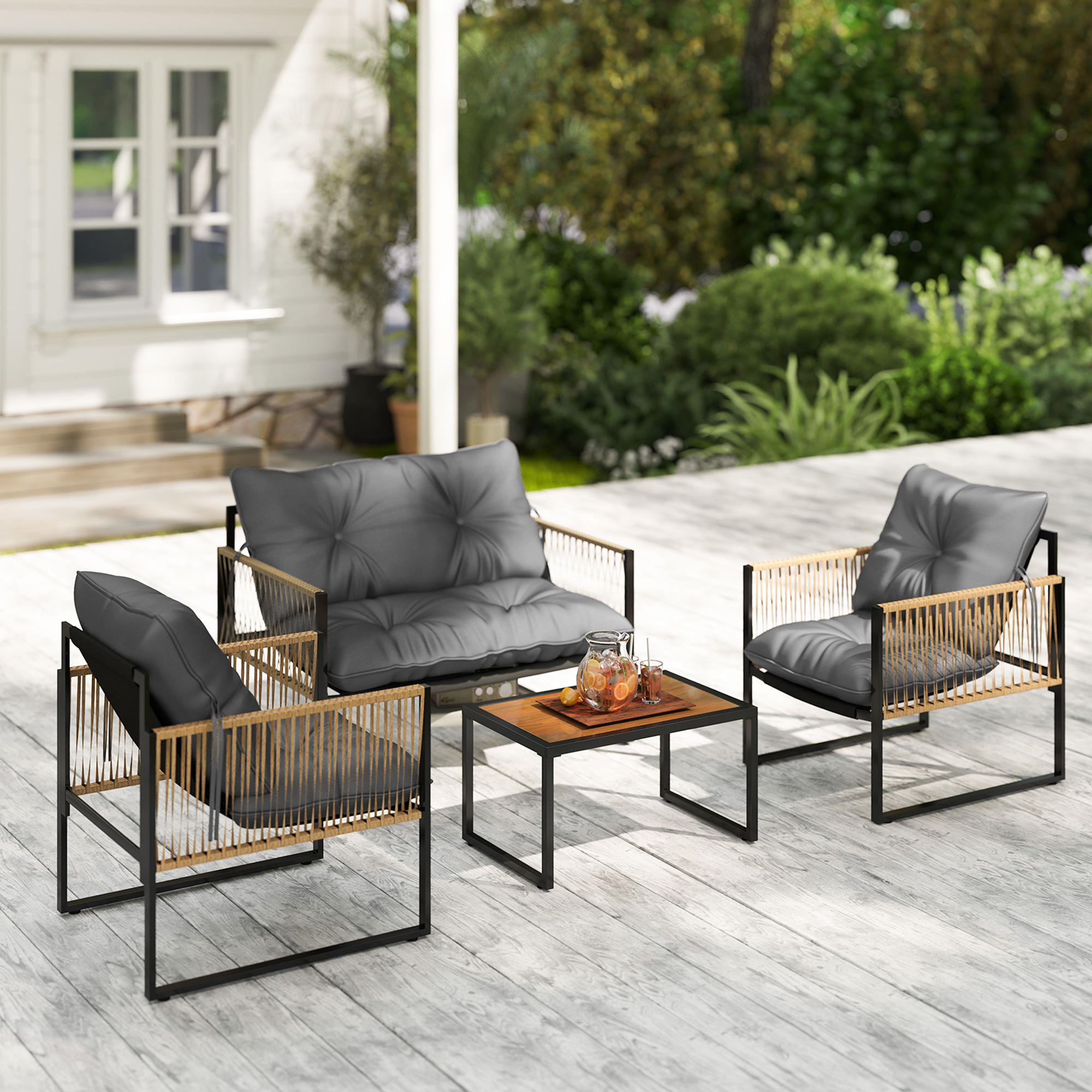 Gartenmöbel-Set, 4-teilig, Sofa, 2 Stühle, Tisch mit Glasplatte, Metallgestell, Polyrattan, Anthrazit