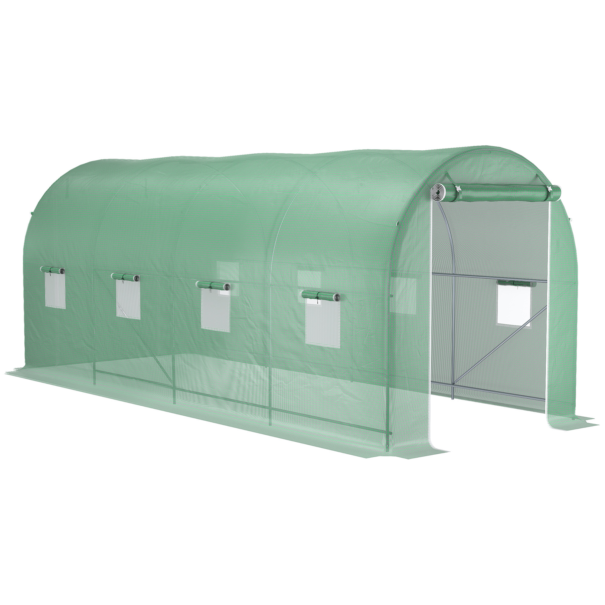 Gewächshaus 500x200x205cm Foliengewächshaus Tomatenhaus mit Tür, 8 Fenster, Folientunnel aus verzinktem Stahl, PE, stabiles Treibhaus Pflanztunnel, inkl. Erdanker & Seilen, Grün