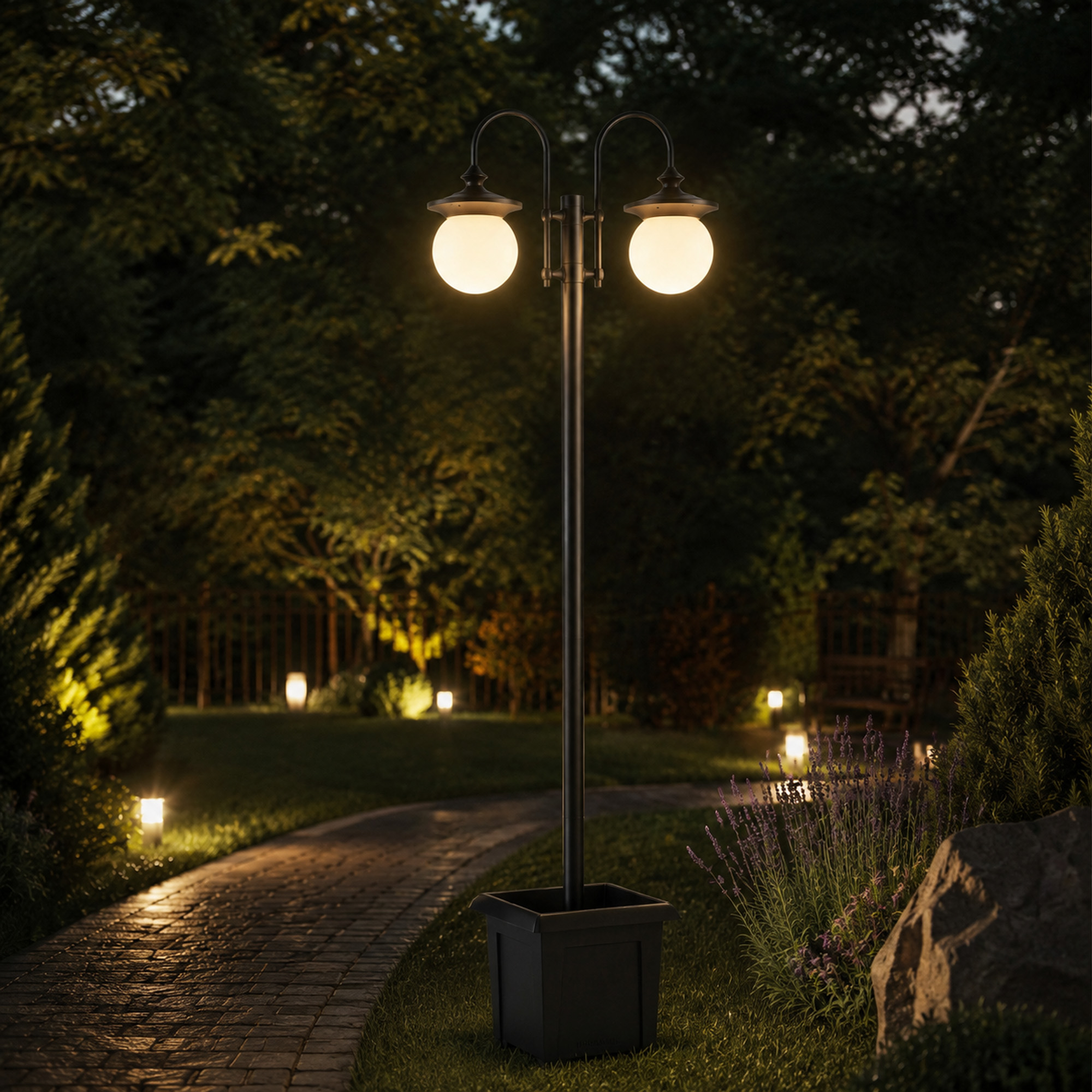 Solar Laterne Stehleuchte 182 cm Höhenverstellbar Außen Gartenlaterne mit 2 Köpfen Pflanzgefäß Lichtsensor Schalter IP44