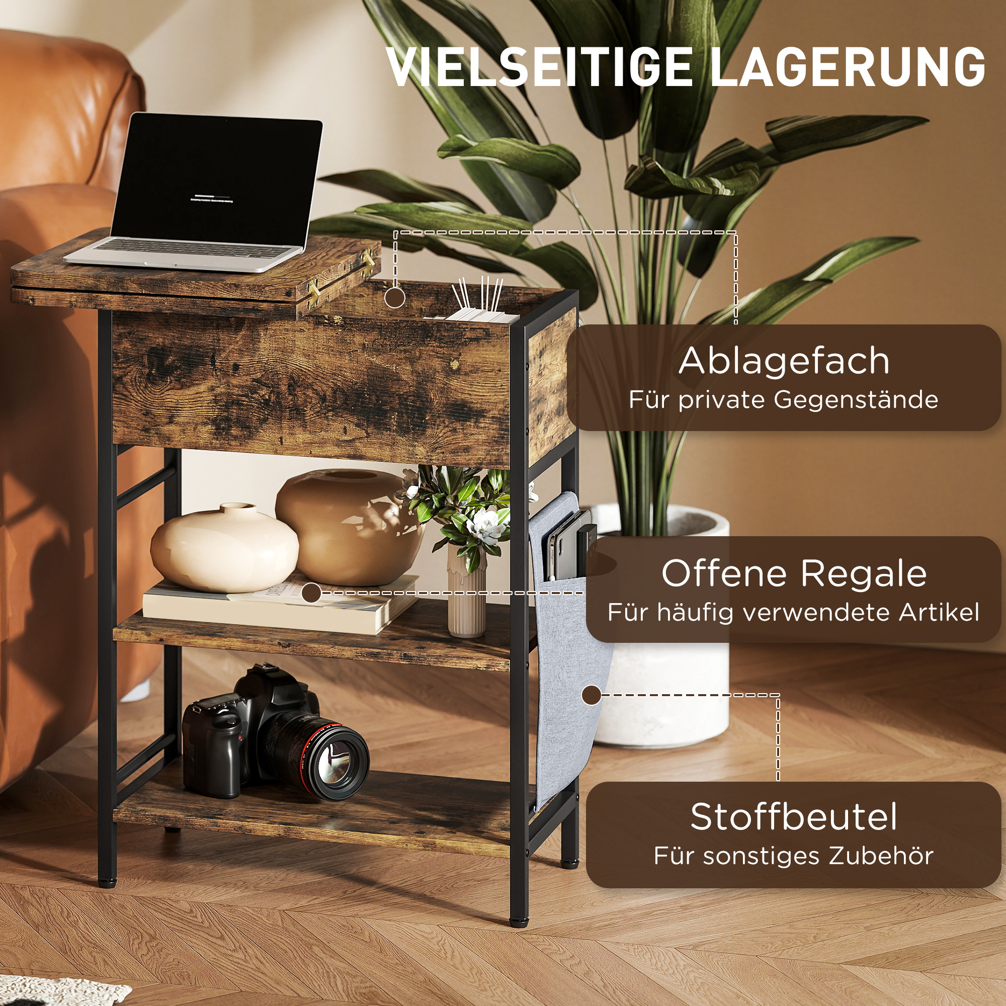 Beistelltisch Nachttisch mit Steckdosenleiste, 2 Ebenen, USB-Anschlüssen Stauraum 60 x 29,8 x 58,5 cm Rustikal Braun