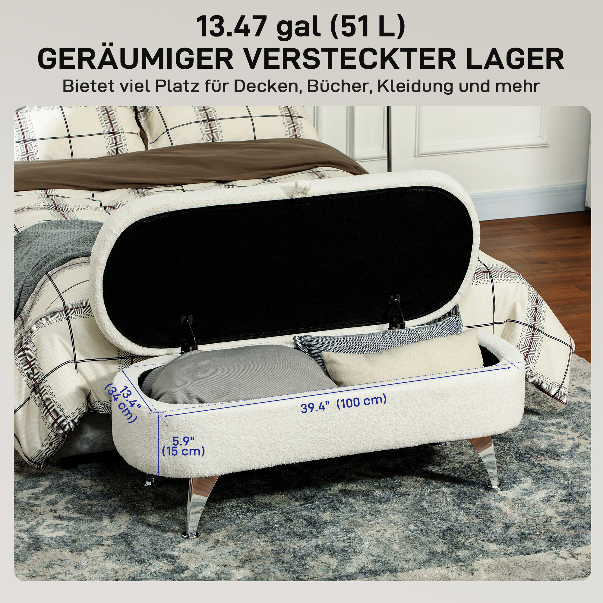 Sitzbank mit Stauraum, Deckel und Metallbeinen für Wohnzimmer, Schlafzimmer, Flur, Weiß