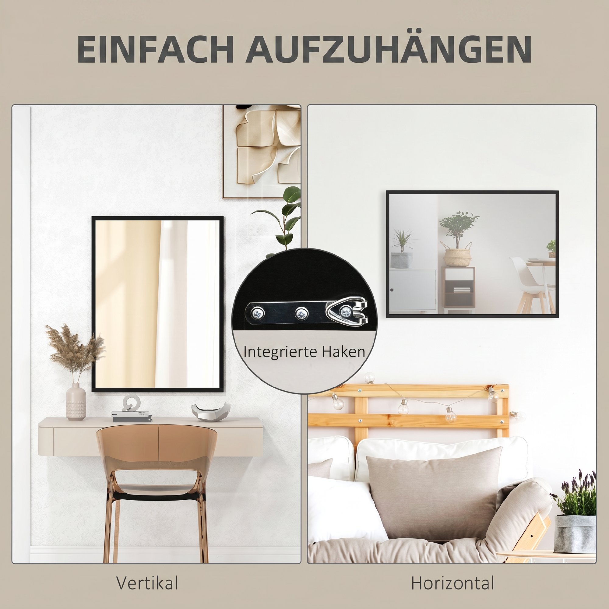 Wandspiegel, 60 x 80 cm, Rahmen in Holzoptik, einfache Montage, inkl. Schrauben