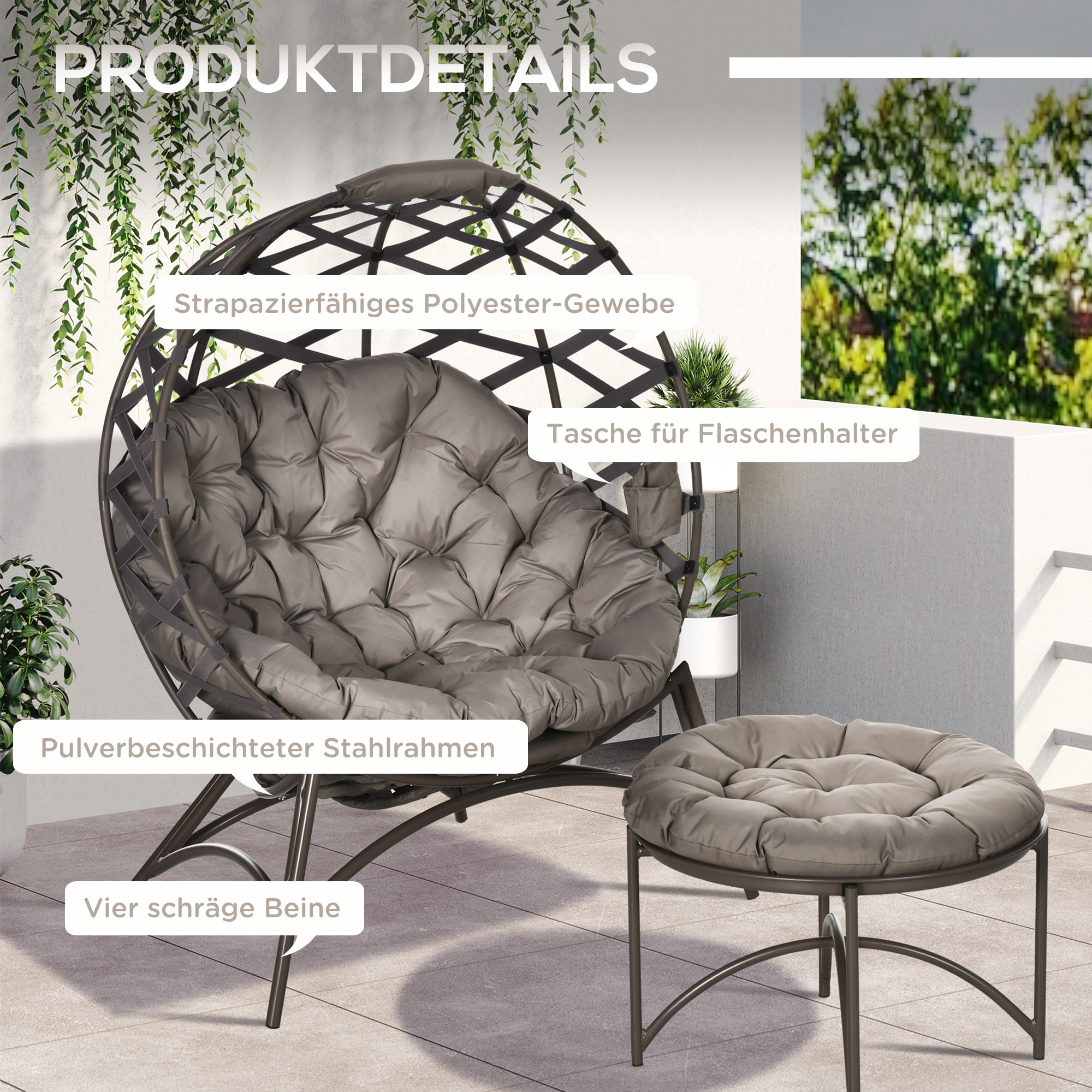 Gartenstuhl-Set, 2-tlg., Hocker/Beistelltisch, gr. Sitzkissen, Stahlrahmen, Farbe: Sand, 118 x 75 x 142 cm