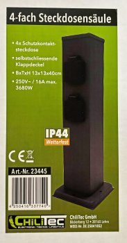 Steckdosensäule 4-fach, IP44, Anthrazit / 250V~/ 16A, 13x13x40cm