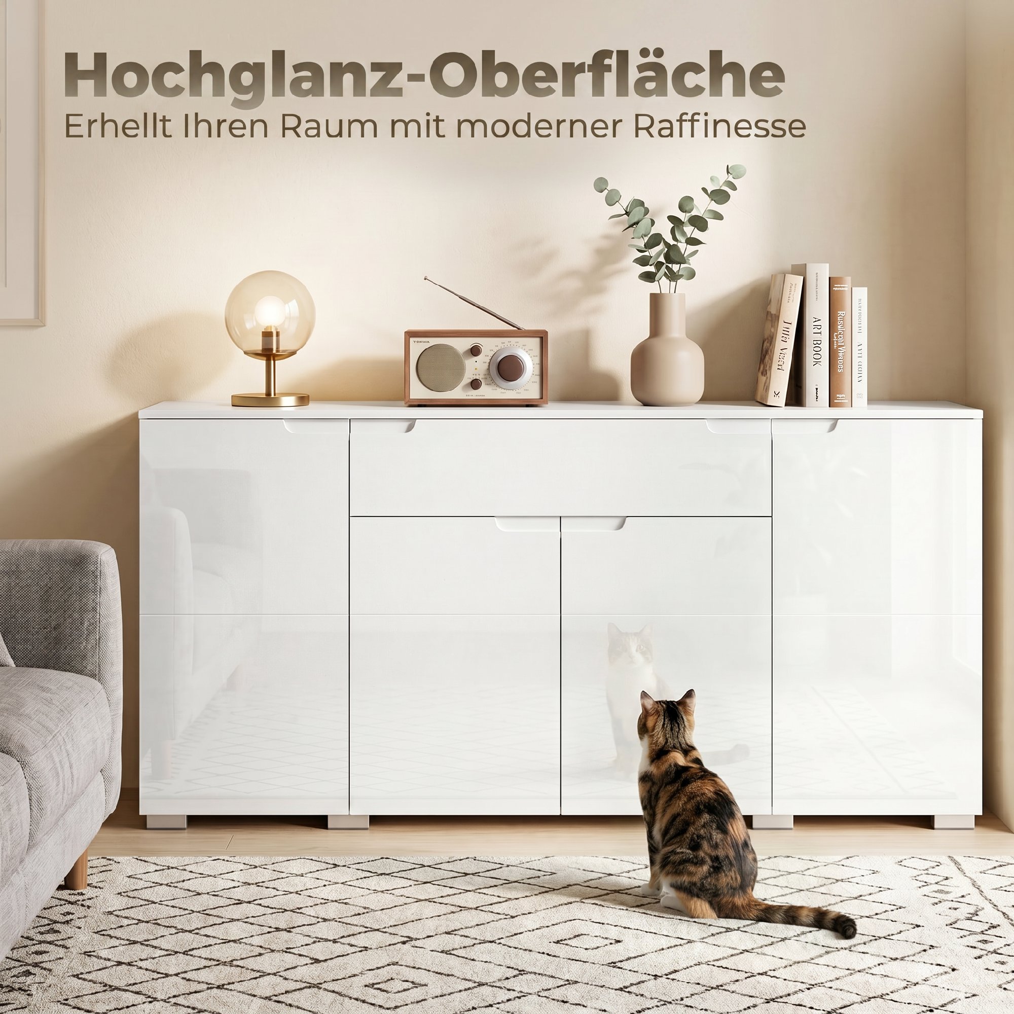 Hochglanz-Sideboard, moderne Kommode mit 4 Türen und verstellbaren Einlegeböden, Soft-Close-Funktion, Weiß