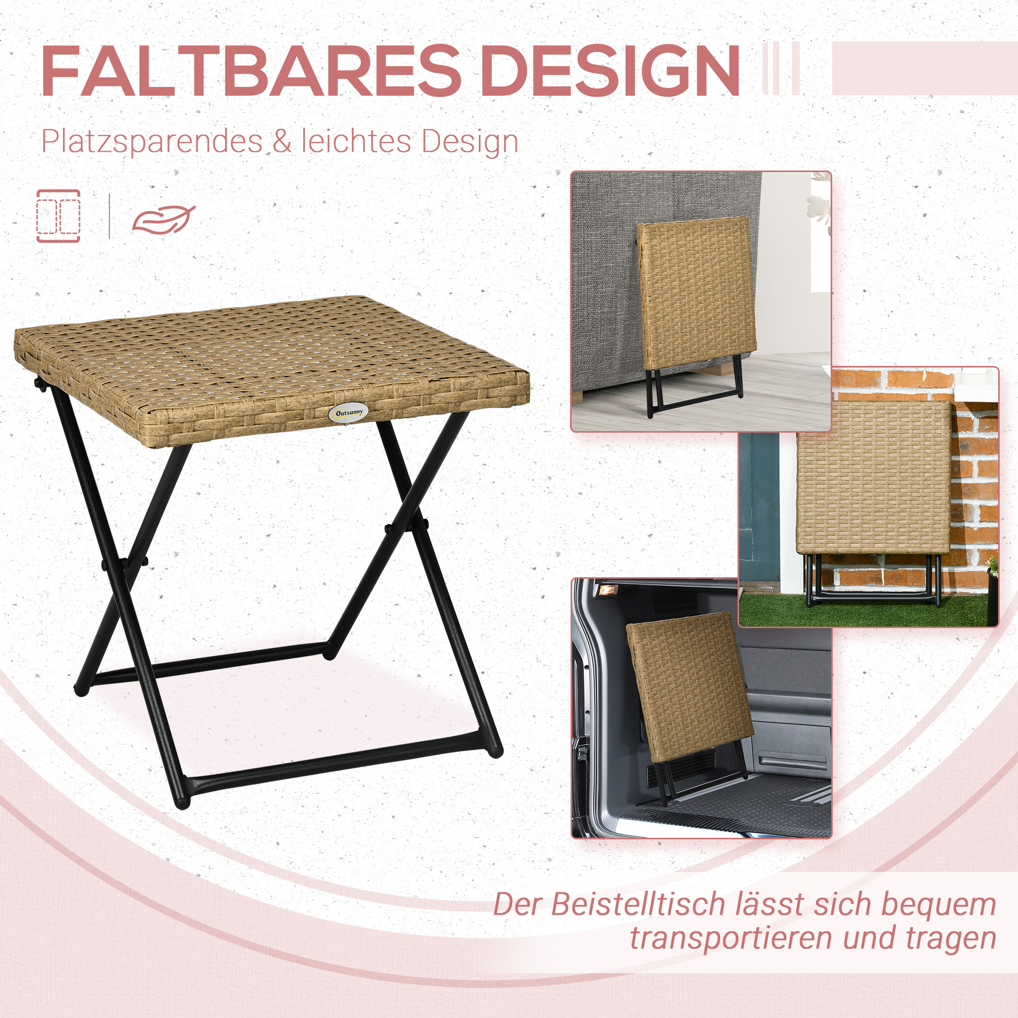 Polyrattan Balkontisch, klappbar, Stahlrahmen, pflegeleicht, 40x40x40 cm, Natur