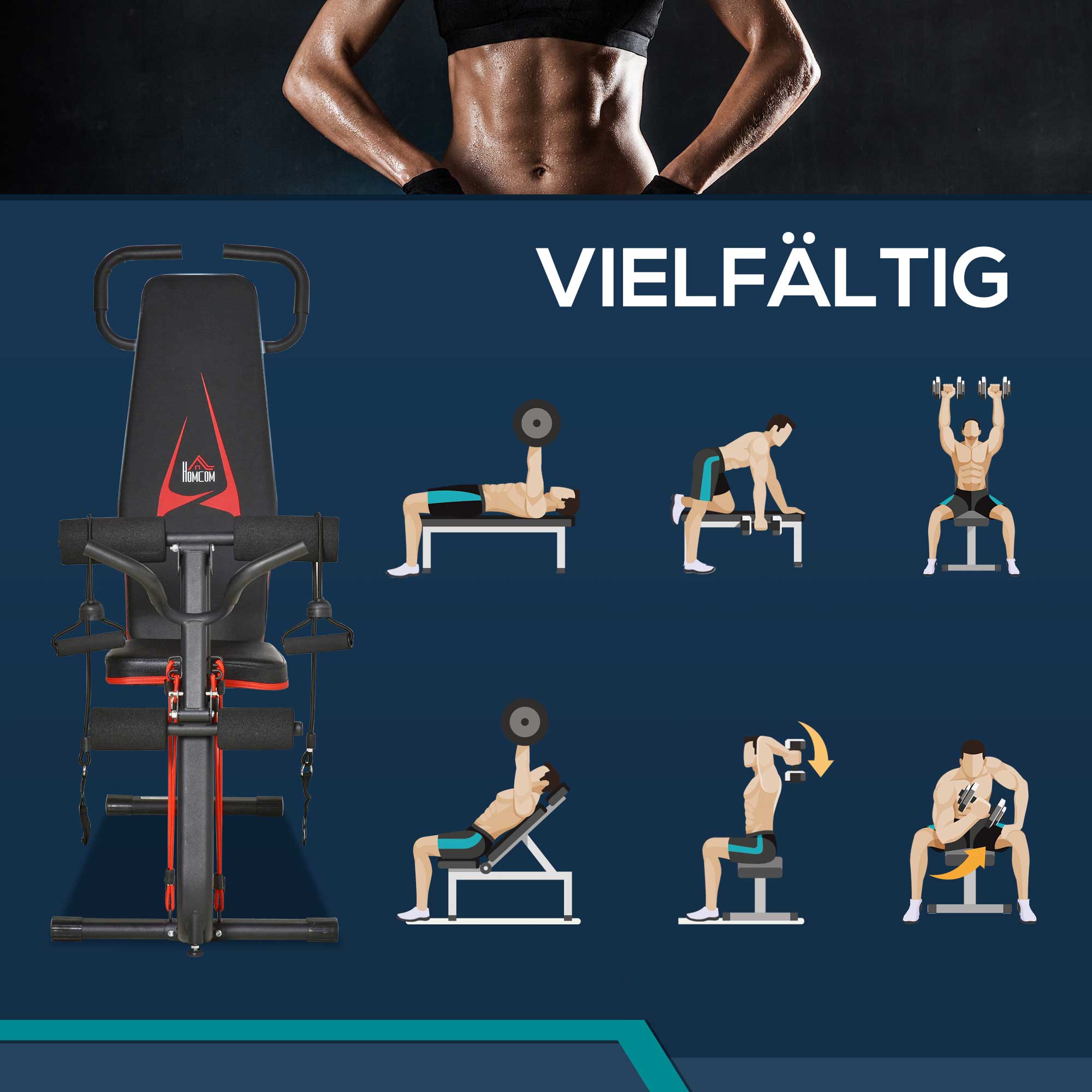 Hantelbank verstellbare Trainingsbank mit elastischer Seils Sit Up-Bank für Heimtraining 6 Stufen Rückenlehne-Gefälle Gewicht bis 150 kg Stahl Kunstleder Schwarz+Rot 145 x 49 x 48-127 cm