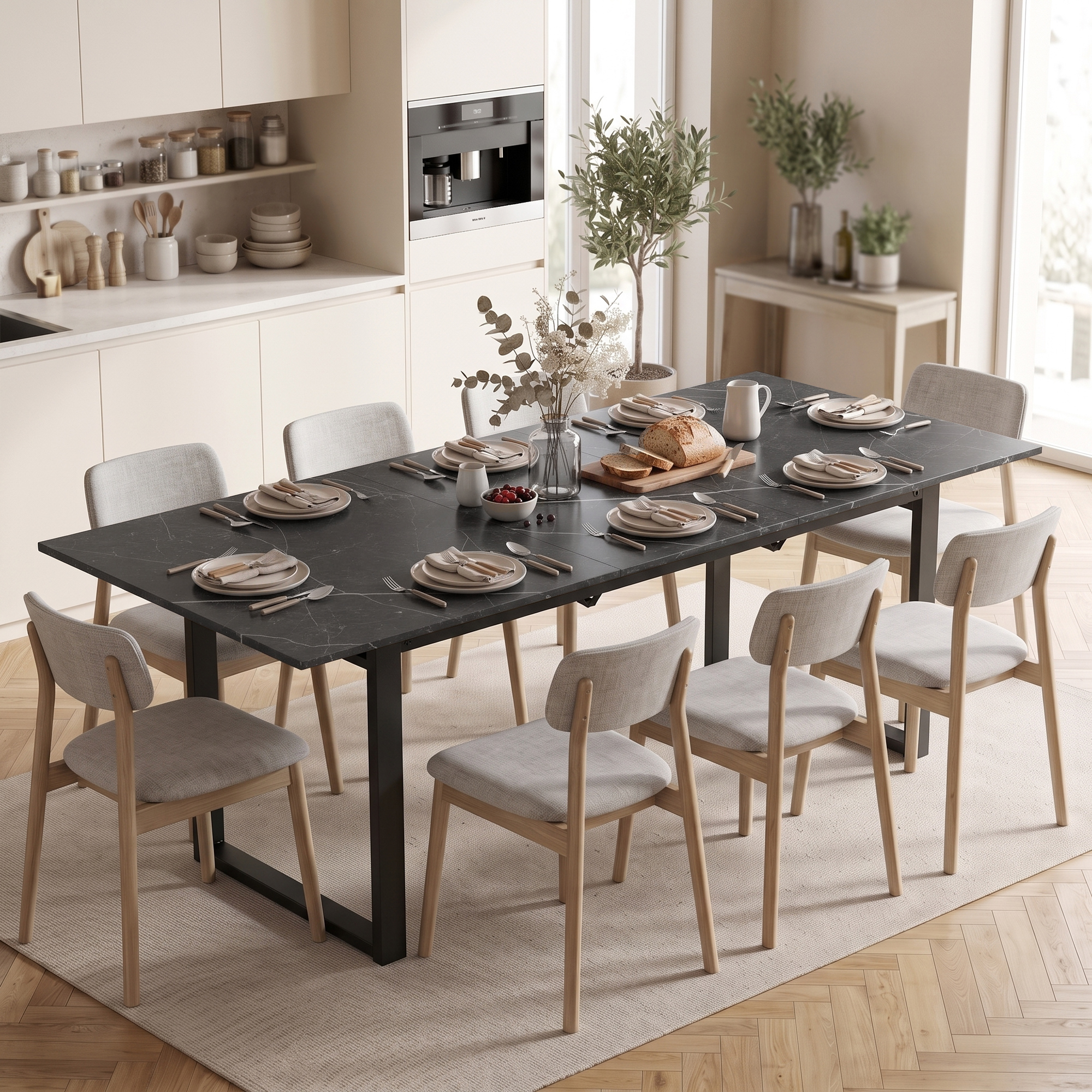 ausziehbarer Esstisch 140-180 cm für 6-8 Personen, rechteckig im Industrial-Design mit Stahlgestell, Schwarz