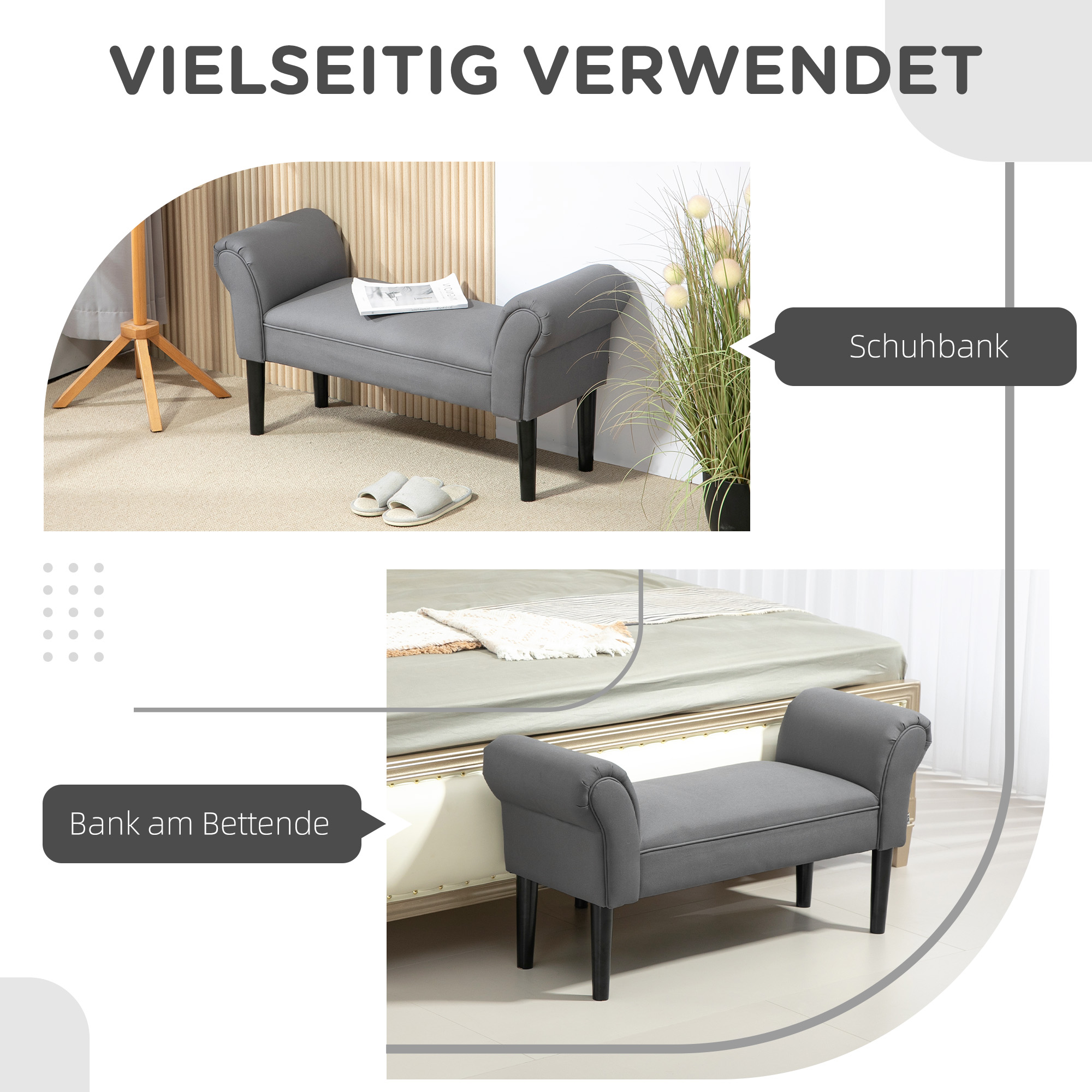 Sitzbank, Bettbank, robuste Bauweise, weiche Polsterung, 102x36x51 cm, Grau