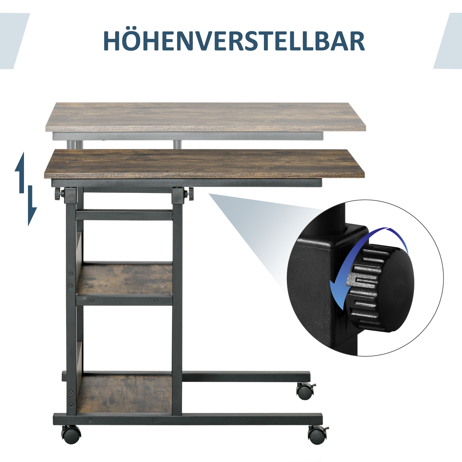 Beistelltisch mit Rollen, höhenverstellbar, kompakt, 2 Ablageböden, Metallrahmen, 80x40x72-82 cm, Braun