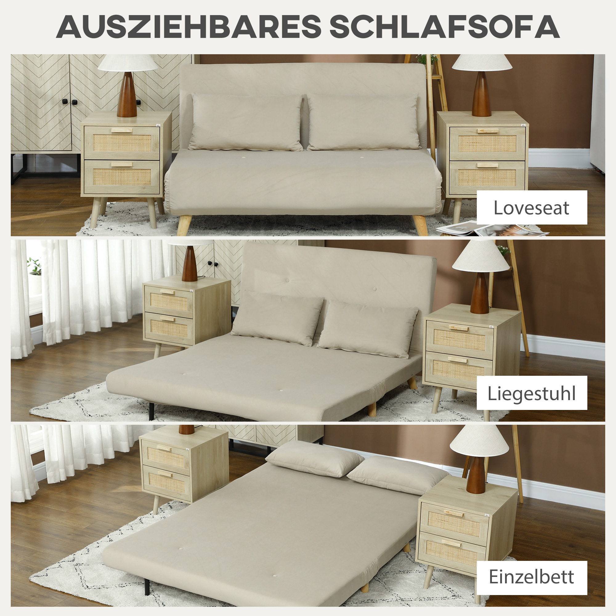 Schlafsofa Relaxsofa Sofa Couch, inkl. 2 Kissen, Samtoptik, 130 x 78 x 79 cm, Beige