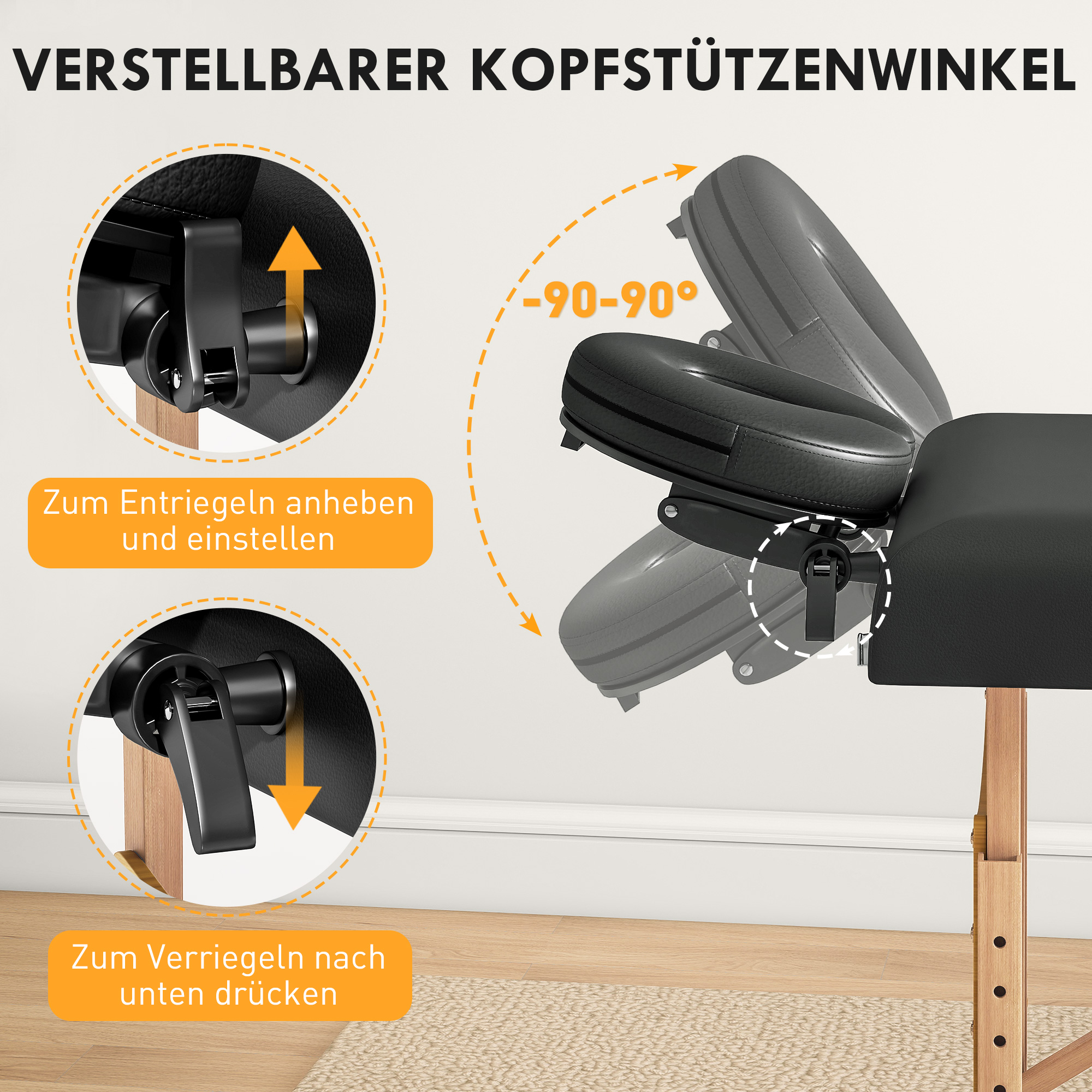 höhenverstellbarer Massagetisch, Holzgestell, Klappbares Massagebett, Schaumstoffpolsterung, Schwarz