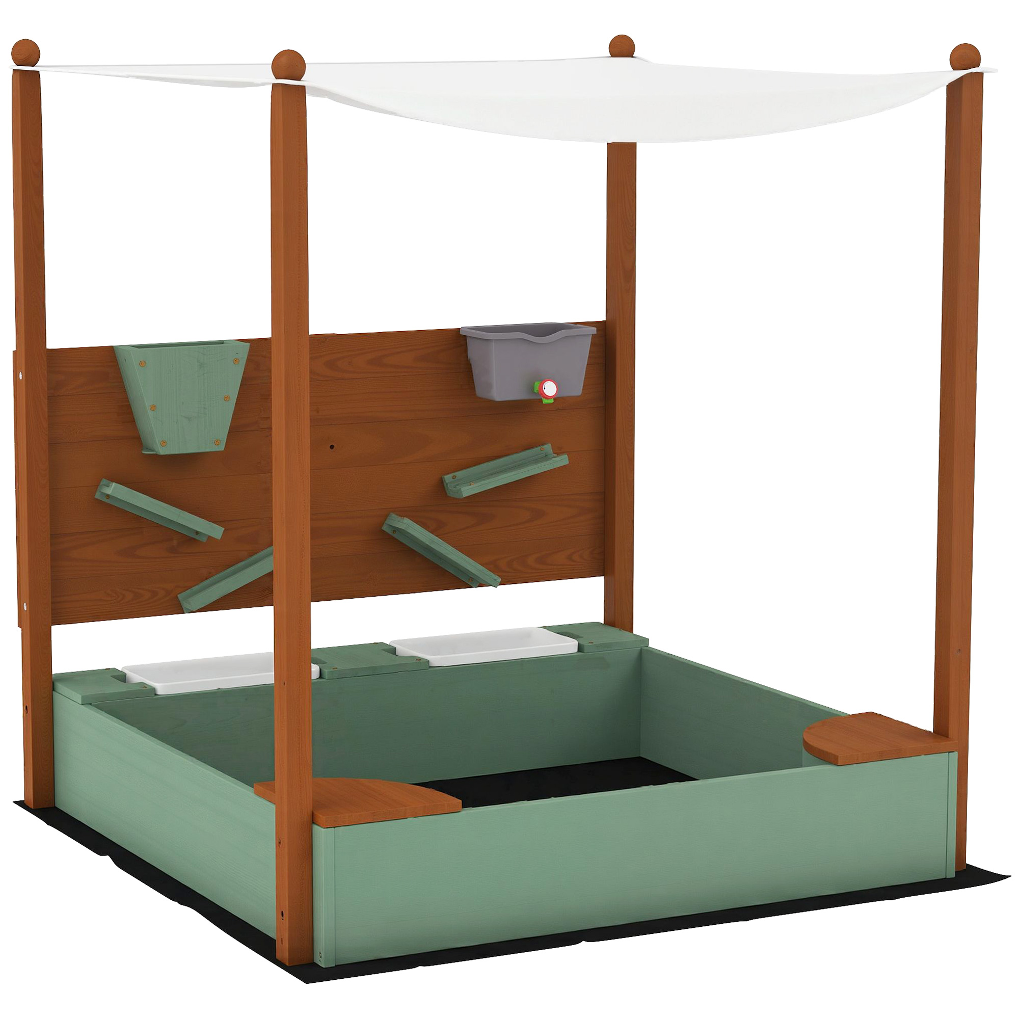 Sandkasten mit Sonnendach für Kinder, 2 Aufbewahrungsbehälter, 116L x 112,5B x 128H cm, Tannenholz, Kunststoff, Grün Sandkasten mit Sonnendach für Kinder, 2 Aufbewahrungsbehälter, 116L x 112,5B x 128H cm, Tannenholz, Kunststoff, Grün