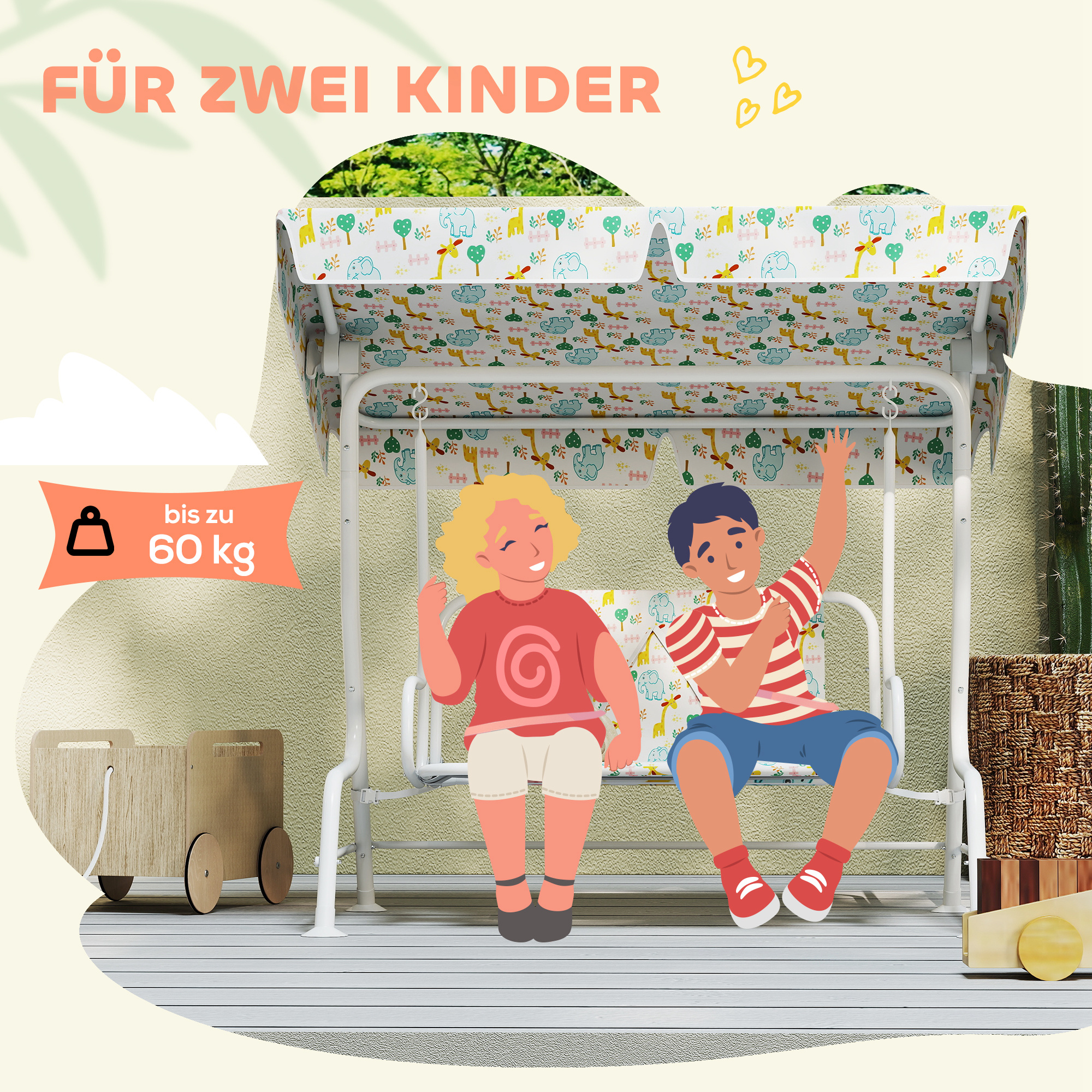 Hollywoodschaukel für Kinder, Stahlrahmen, 2-Sitzer, 60 kg belastbar, Weiß