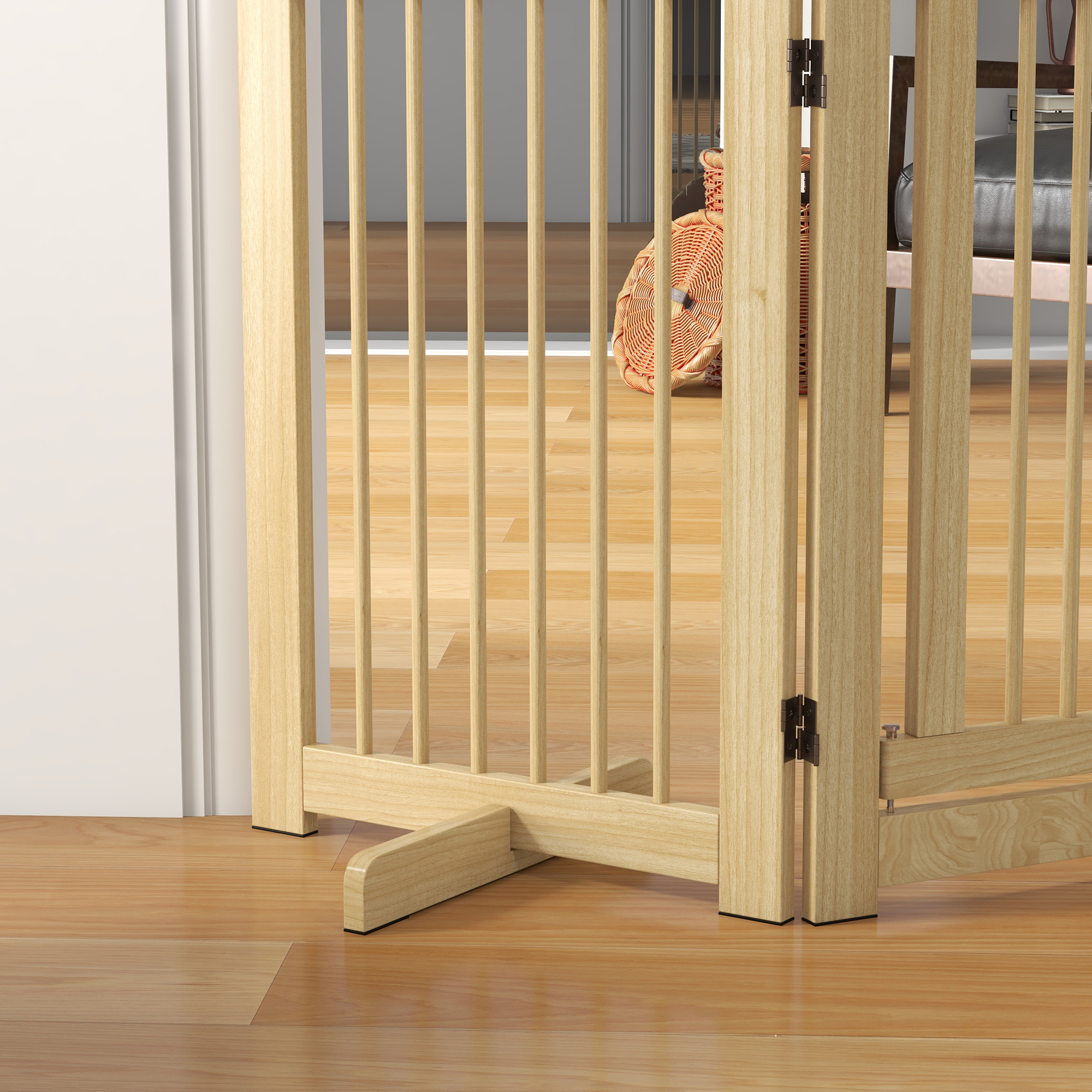 Freistehendes Hundegitter, 4 Paneele, flexibel, Kiefernholz, 204L x 36B x 75H cm, Naturholz