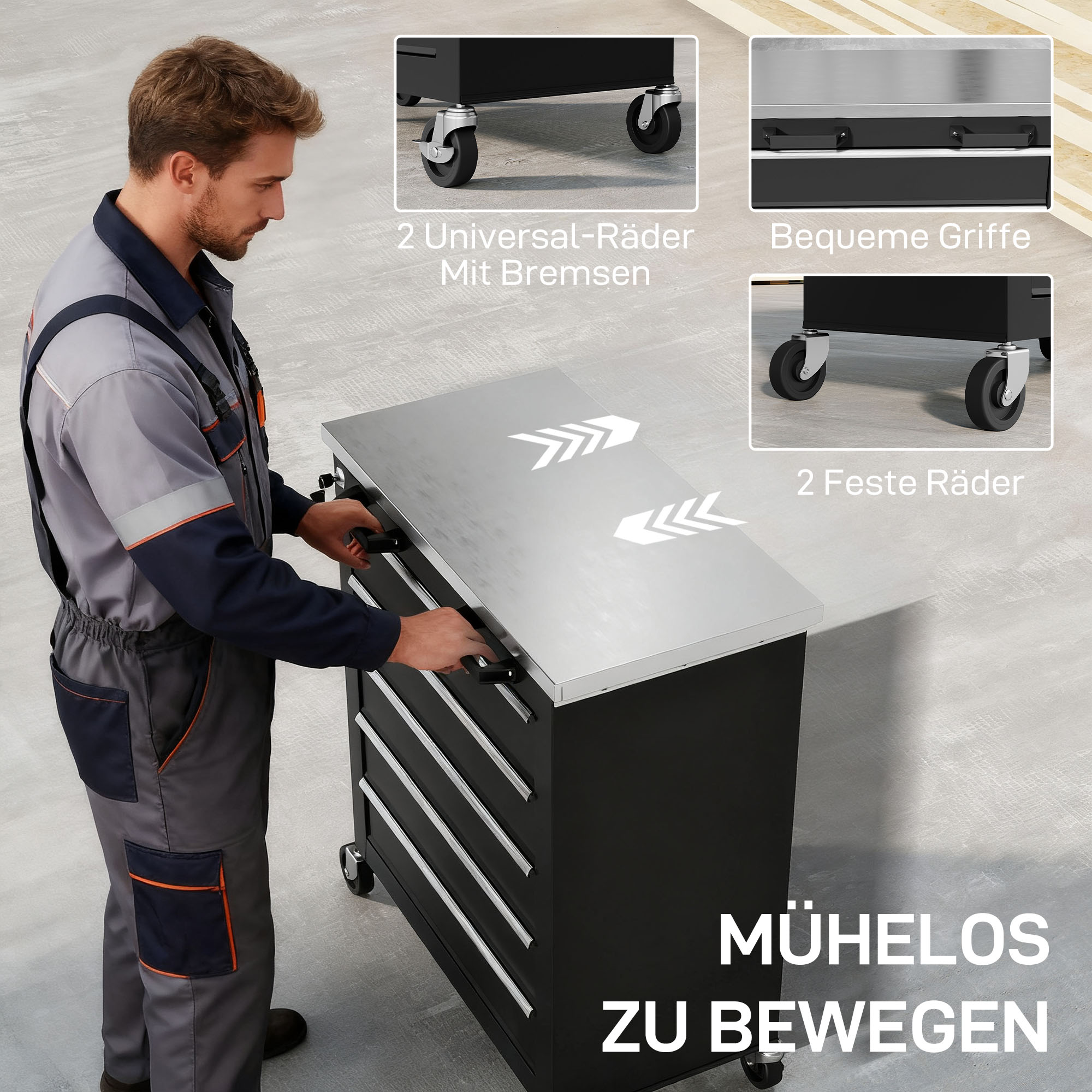 Werkzeugschrank mit 5 Schubladen, rollbare Werkzeugkiste, Werkzeugwagen aus Stahl, Silberton+Schwarz
