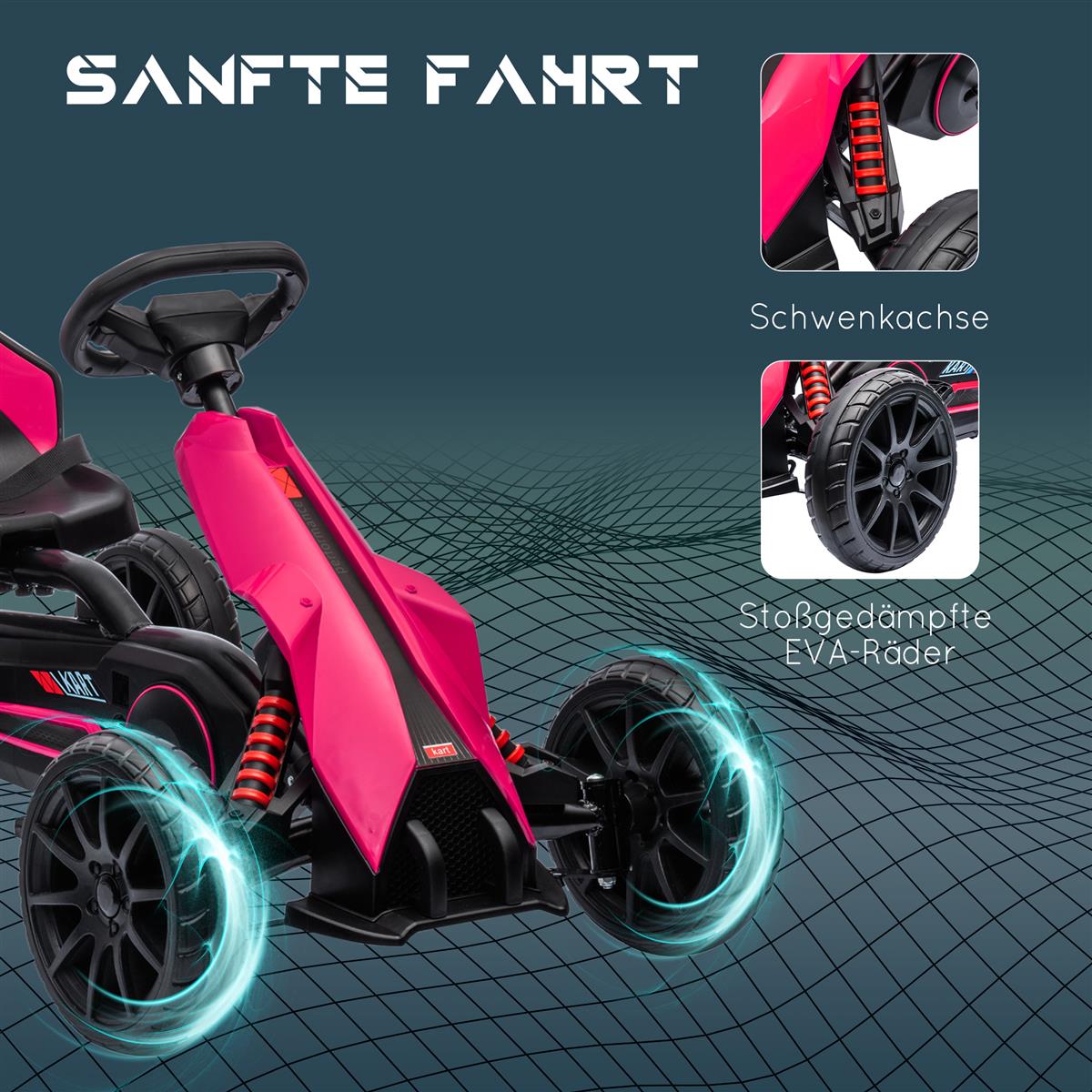 Go-Kart, Kinderfahrzeug mit verstellbarem Sitz, Tretfahrzeug, Tretauto mit Handbremse, 3-8 Jahre, Outdoor, Rosa