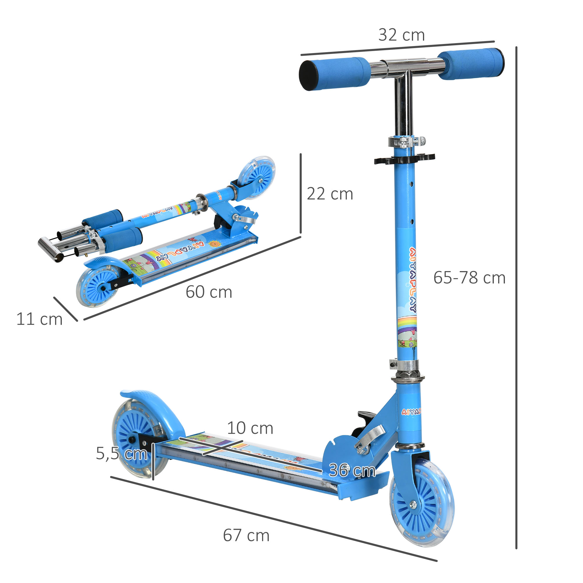 Roller Kinder Scooter mit LED Rädern 124 mm Rollen klappbarer Höhenverstellbar mit Musik Hinterradbremse Blau