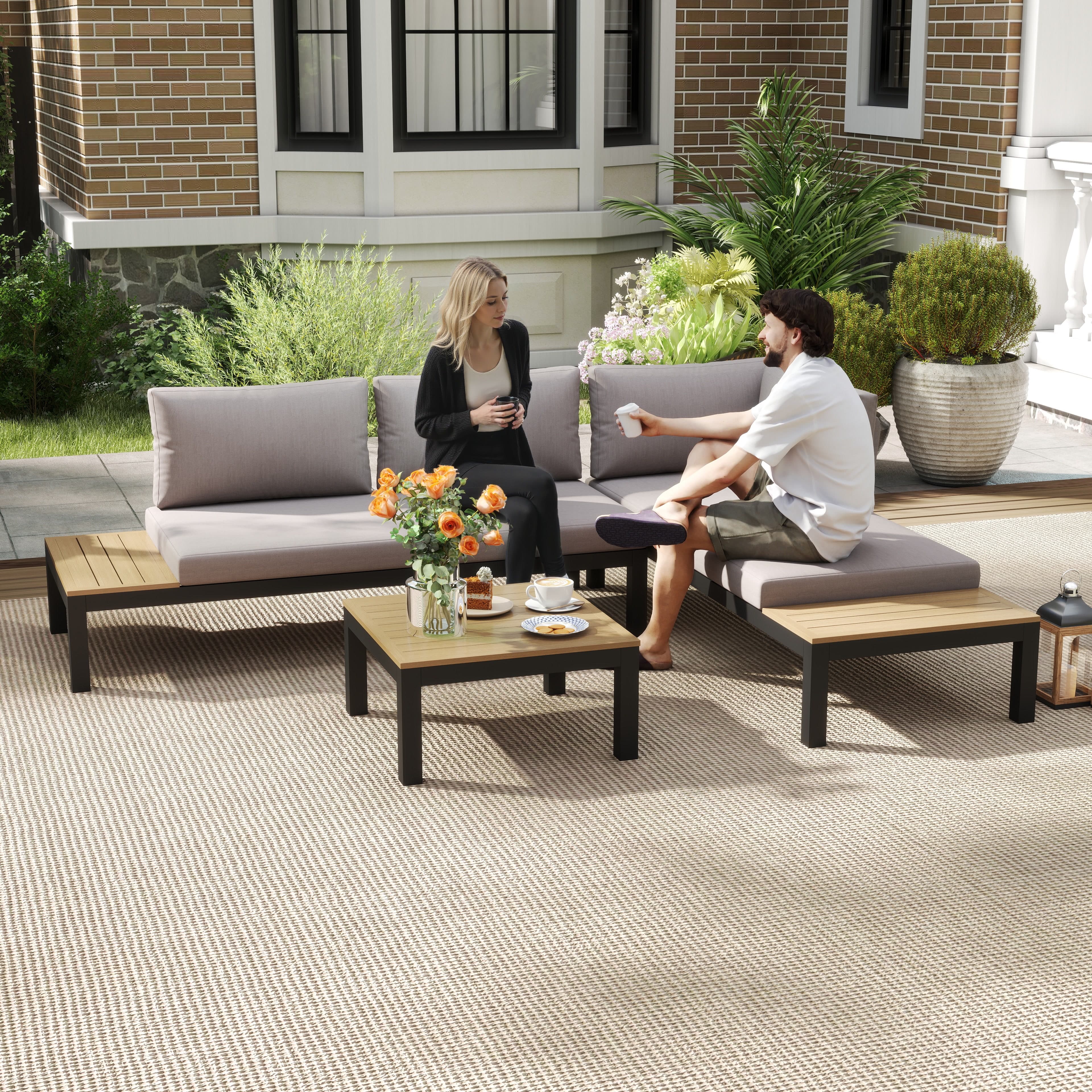 Gartenmöbel-Set für 3 Personen mit Beistelltisch, Sofa mit Kissen, Outdoor, Aluminium, 164 x 74 x 69 cm