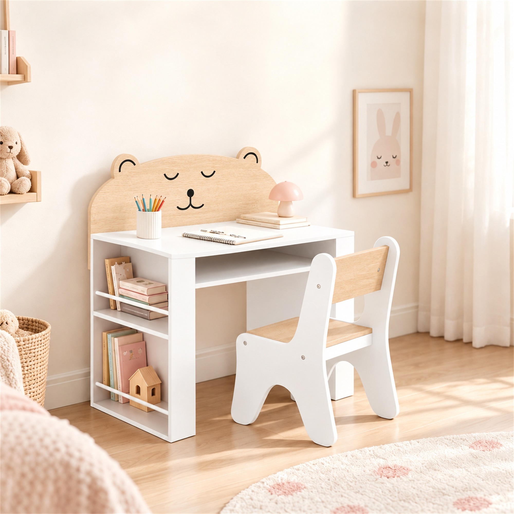 Kindertisch mit Stuhl 2 teilige Kindersitzgruppe mit Bücherregal Ablagefach Bären-Design für Kinder 3-8 Weiß