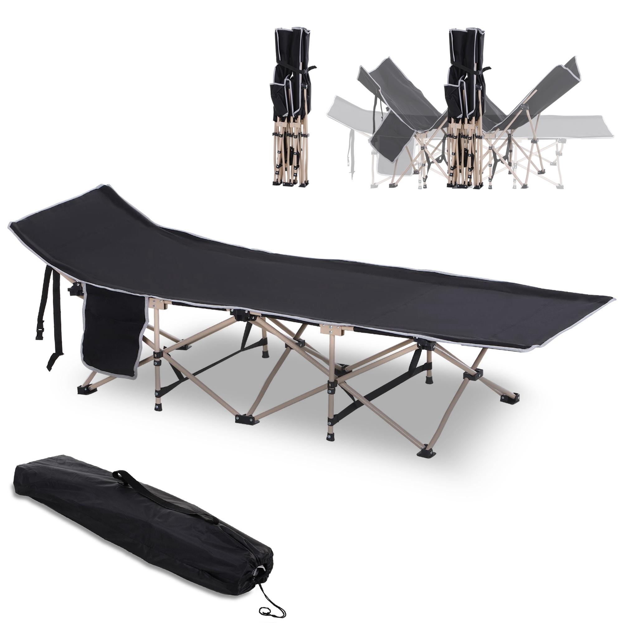 Feldbett, Campingbett, klappbar, wetterbeständig, ink, Tragetasche, 190 x 68 x 52 cm, Schwarz Feldbett, Campingbett, klappbar, wetterbeständig, ink, Tragetasche, 190 x 68 x 52 cm, Schwarz