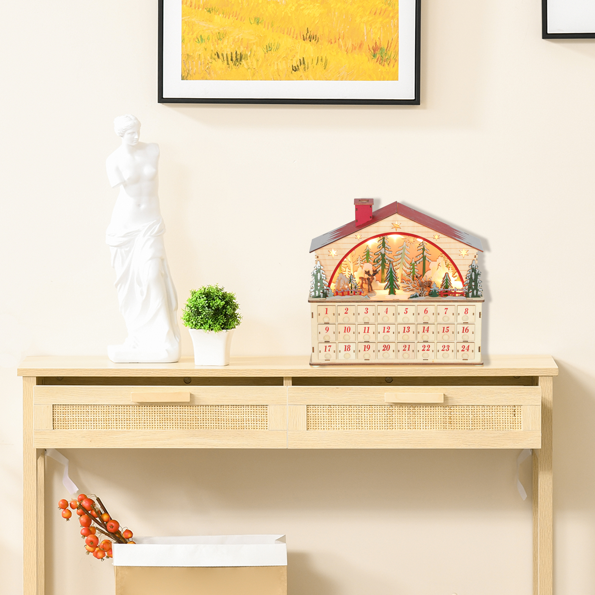 Adventskalender zum Befüllen 24 Schubladen Fächer Weihnachtskalender mit LED-Lichtern Naturholz 36 x 10 x 34 cm