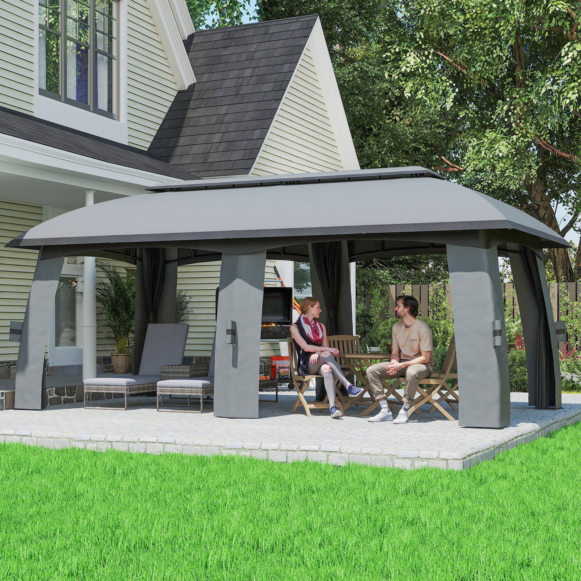 Pavillon, Partyzelt, mit Fliegennetzen, Winddach, bis 15 Personen, dunkelgrau, 3 x 6 x 3 m