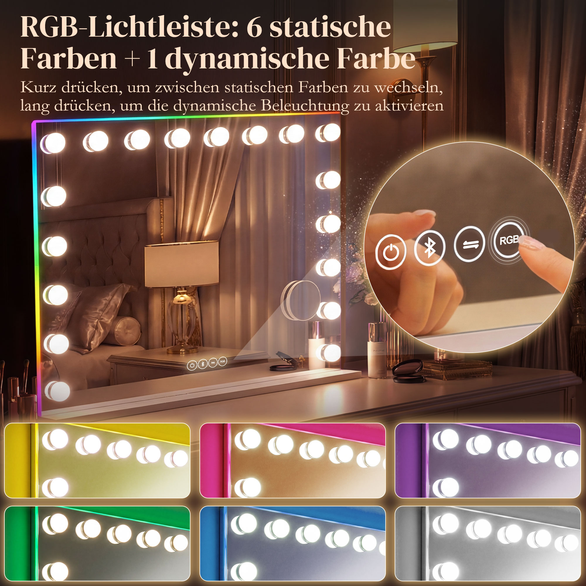 Hollywood Schminkspiegel mit 18 dimmbaren LED-Lampen, 3 Farben, RGB-Licht, Bluetooth-Lautsprecher, 10x Vergrößerung Weiß