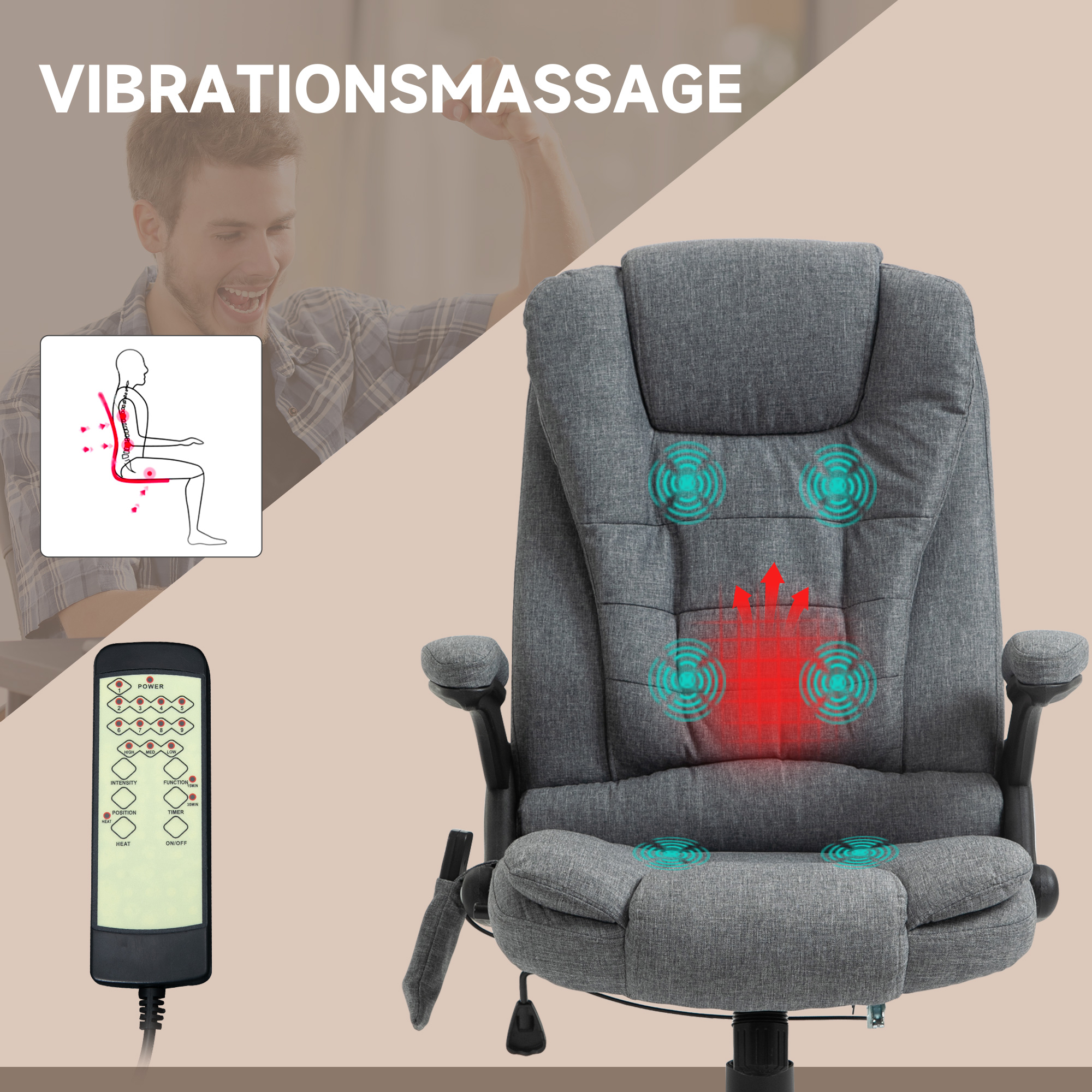 Bürostuhl  Massagesessel mit Wärmefunktion, Ergonomischer Chefsessel, Höhenverstellbarer Drehstuhl, Gamingstuhl mit Massage, Dunkelgrau, 68 x 72 x 110-120 cm