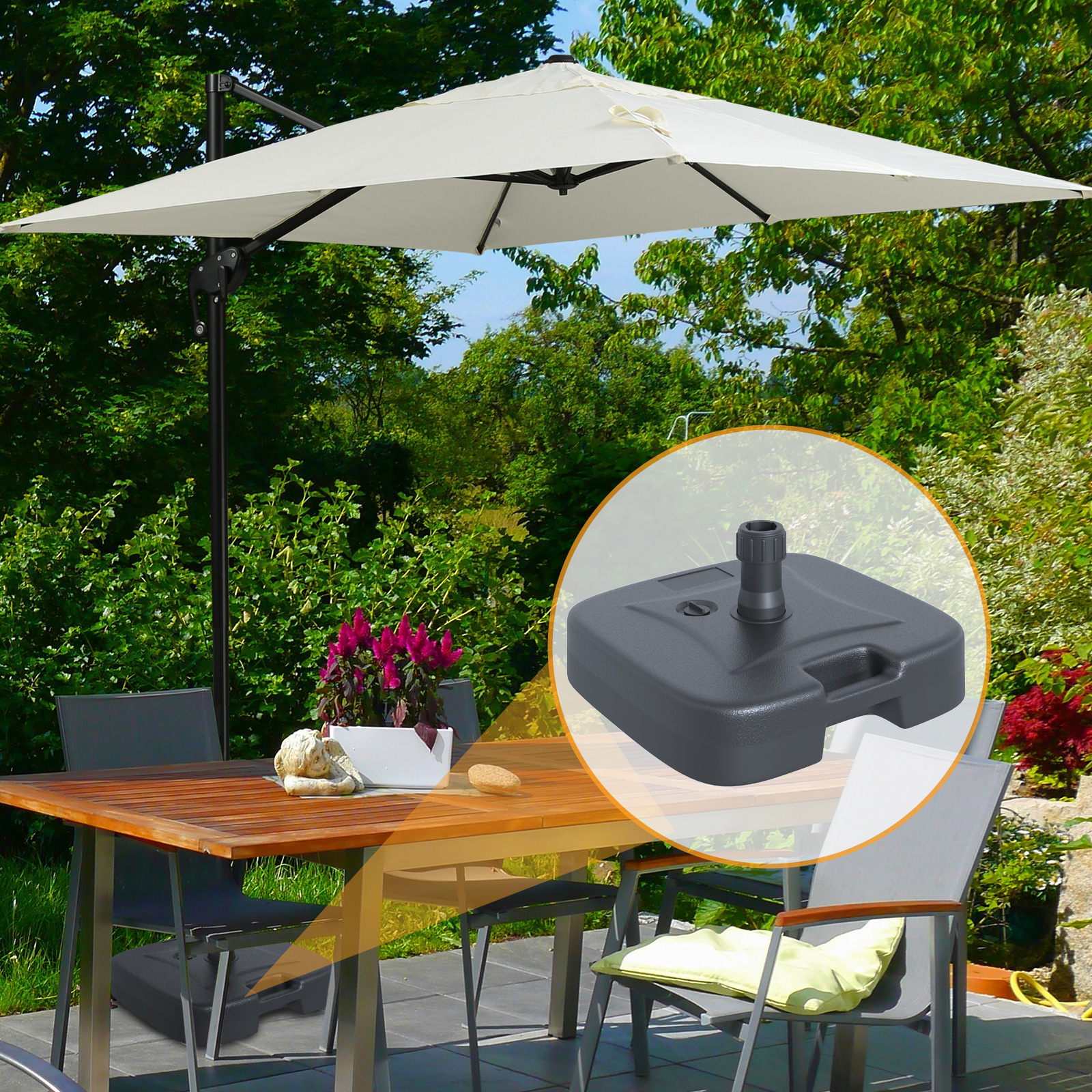Sonnenschirmständer Schirmständer Schirmhalter befüllbar mit Sand Wasser abgerundete Ecken HDPE-Kunststoff Schwarz 46 x 45 x 26 cm bis zu 30 kg Netto Gewicht 1,6Kg