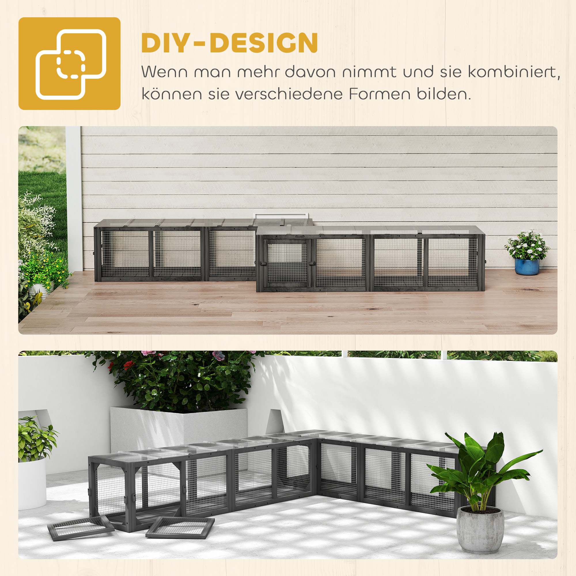 Katzentunnel Katzenspielzeug aus Holz mit 3 Türen, erweiterbar Spieltunnel für Katzen bis 10 kg, 151,5 x 38,5 cm Grau