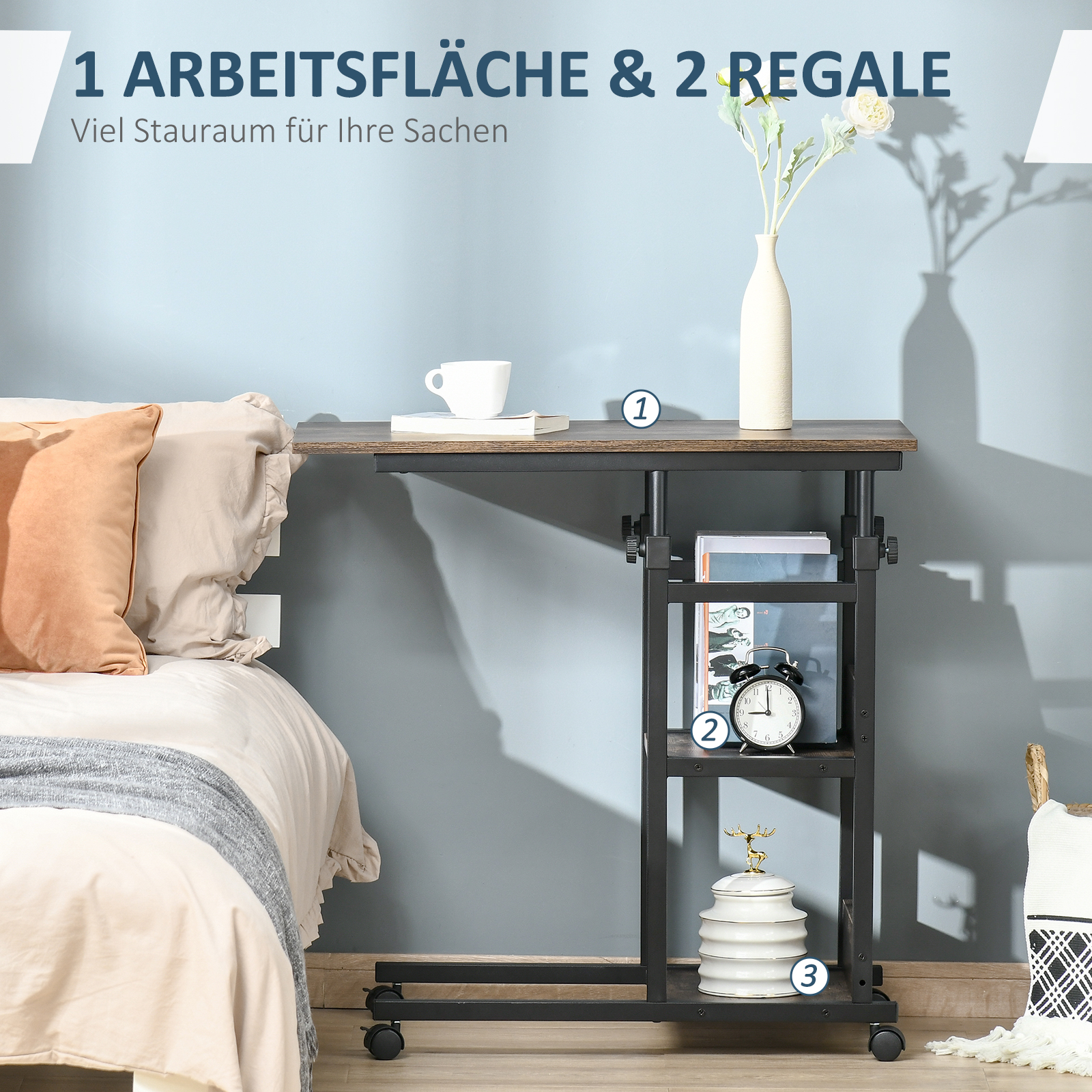 Beistelltisch mit Rollen, höhenverstellbar, kompakt, 2 Ablageböden, Metallrahmen, 80x40x72-82 cm, Braun