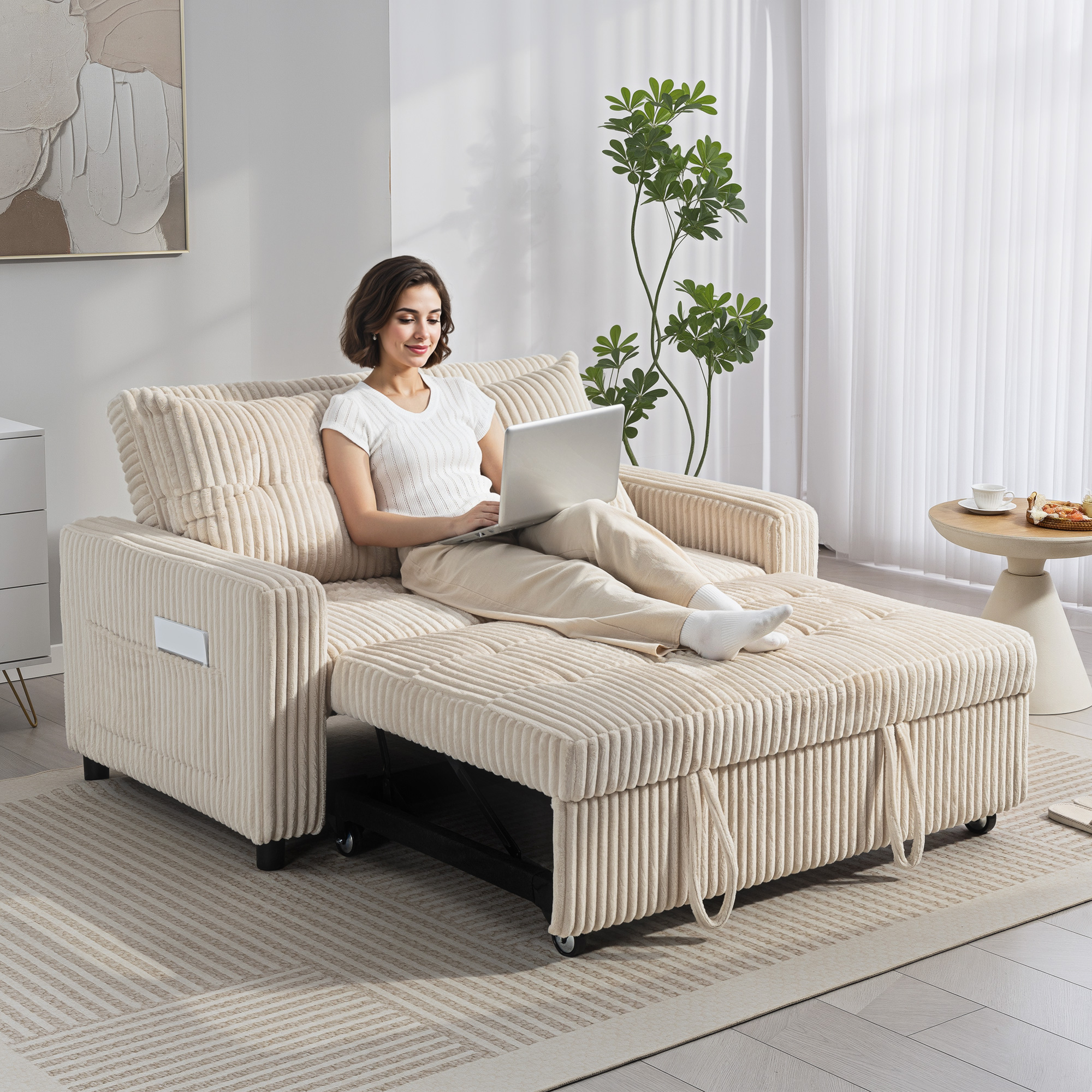 2-Sitzer Sofabett, Cordbezug, zum Schlafsofa umwandelbar, 2 Kissen, Seitentaschen, 157 x 190 cm, Cremeweiß