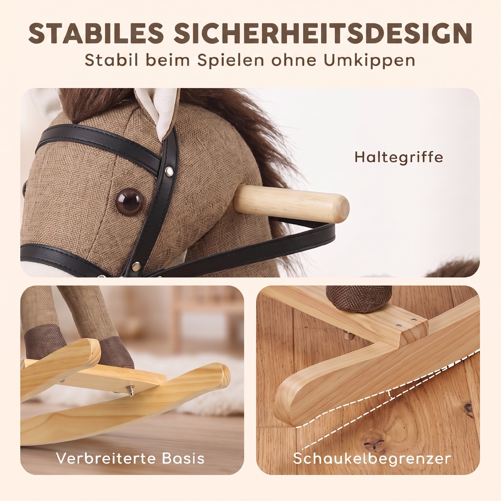 Schaukelpferd mit Sound und Sicherheitsgriffen, Reitpferd mit Holzgestell für Kleinkinder von 12–36 Monaten, Dunkelbraun
