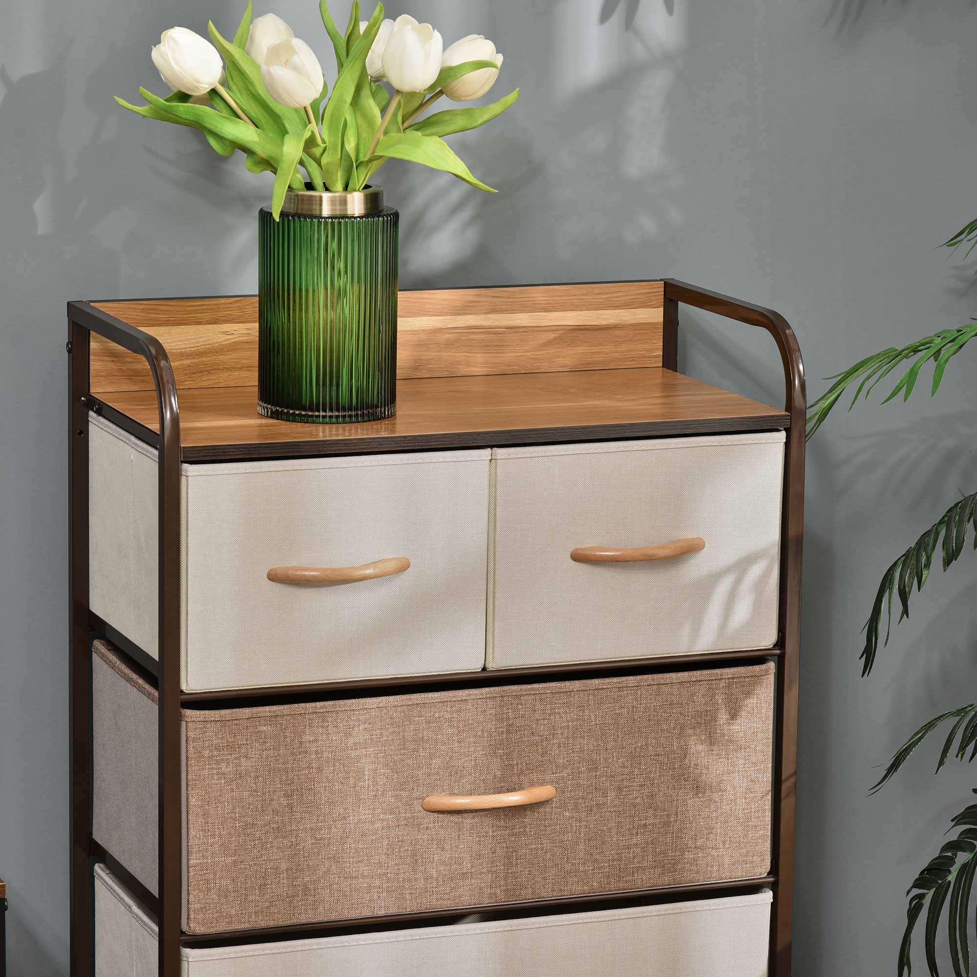 Kommode mit 5 faltbaren Stoffschubladen, Ablage, stabiler Stahlrahmen, 58 x 29 x 99 cm