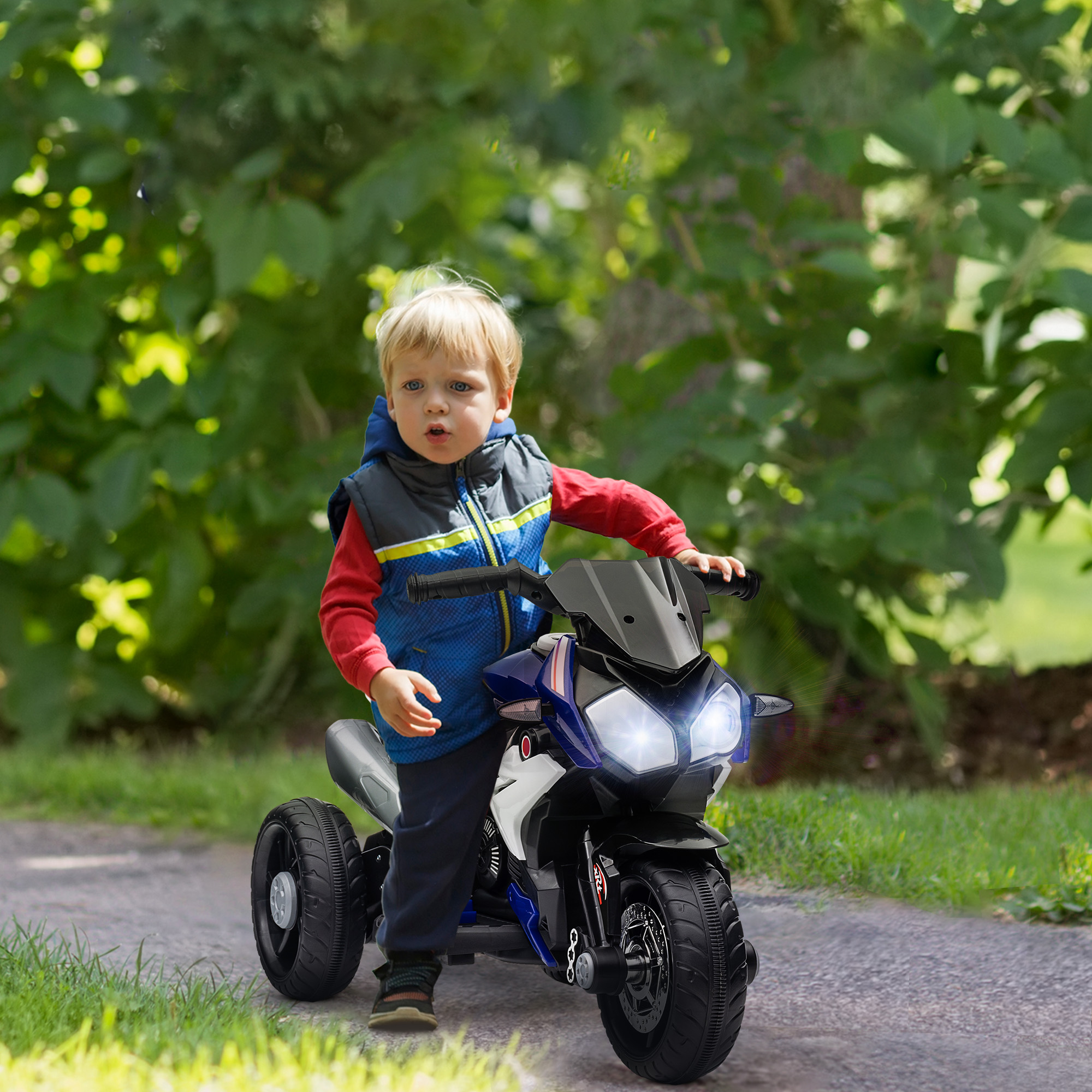 Elektro-Kindermotorrad, Lichter & Geräusche, 3 km/h, wiederaufladbar, Kunststoff & Metall, Blau/Weiß