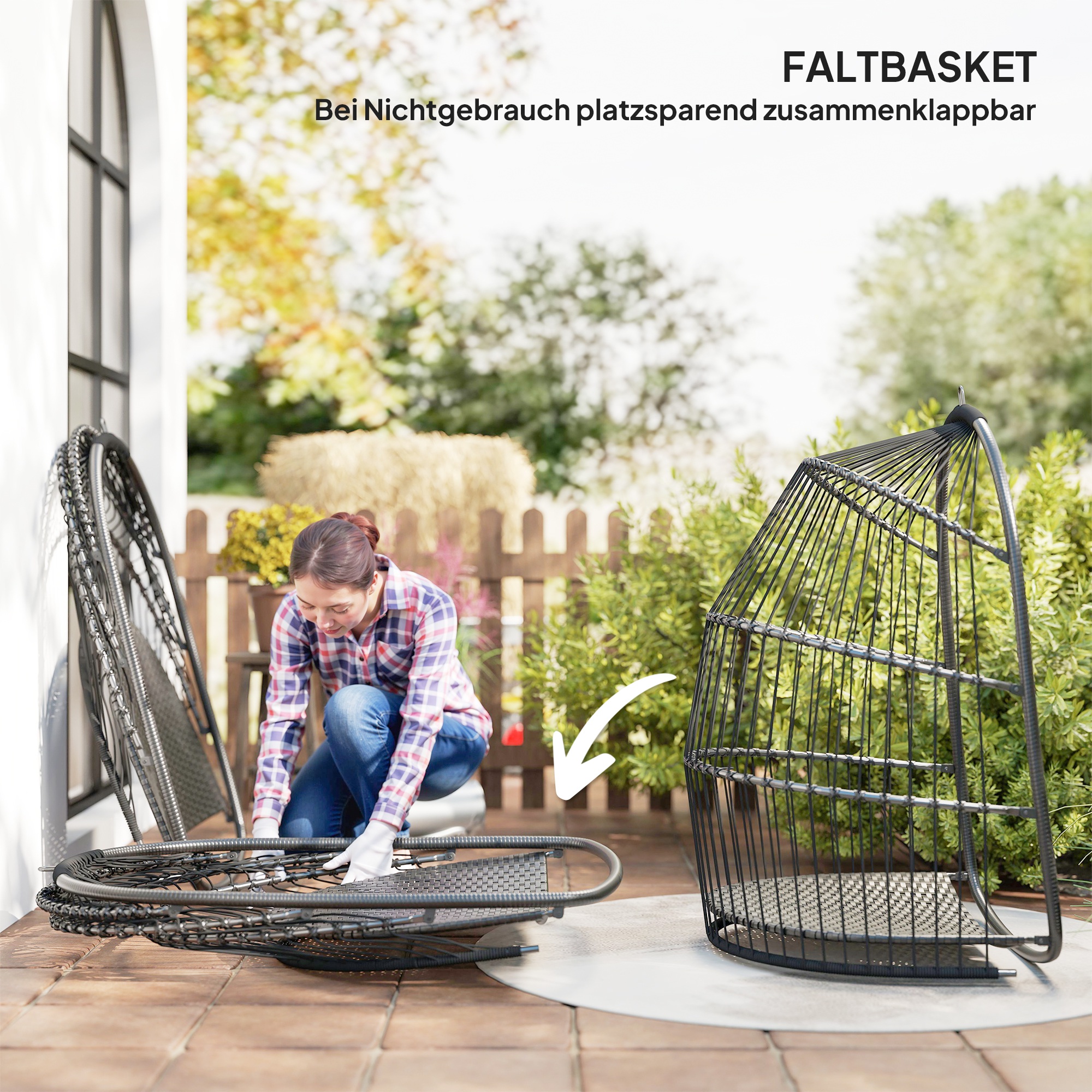 Hängesessel Hängekorb mit Kissen Polyrattan Schaukel Outdoor Indoor faltbar belastbar bis 150kg Dunkelgrau