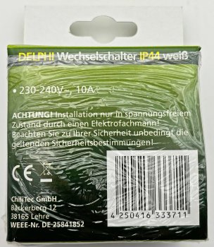 DELPHI Wechsel-Schalter IP44 / 250V~/ 10A, inkl. Rahmen, UP, weiß