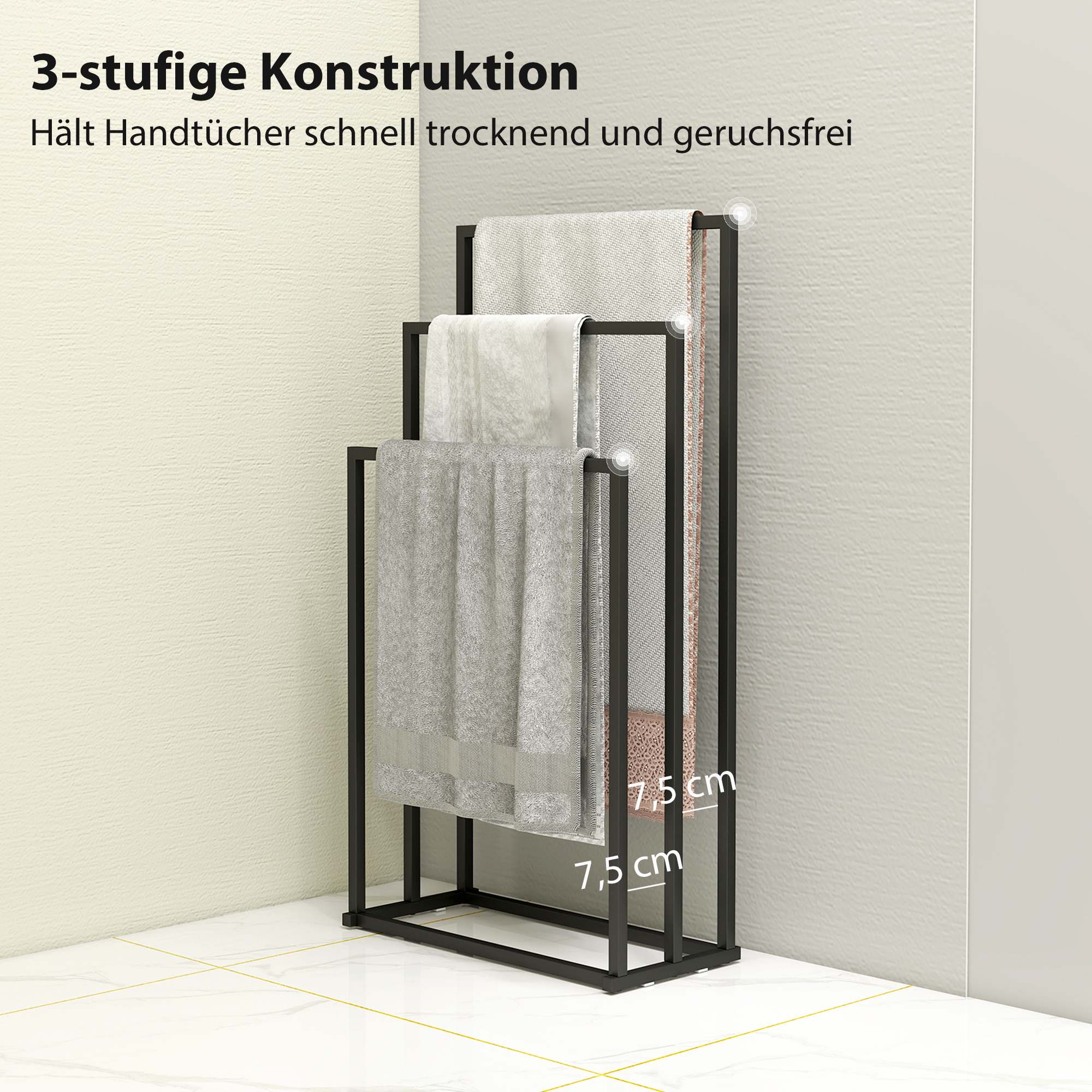 Handtuchhalter Stehend Handtuchständer mit 3 Stangen, Handtuchleiter aus Stahl 45 x 21,5 x 85 cm
