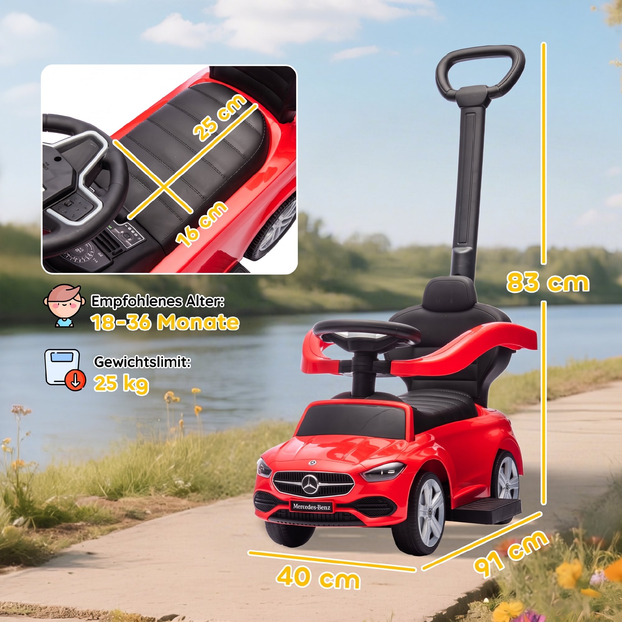 Rutschauto mit Schiebstange 2-in-1 Rutschfahrzeug mit abnehmbarem Griff, Sicherheitsgeländer, Stauraum, Hupe & Lenkrad