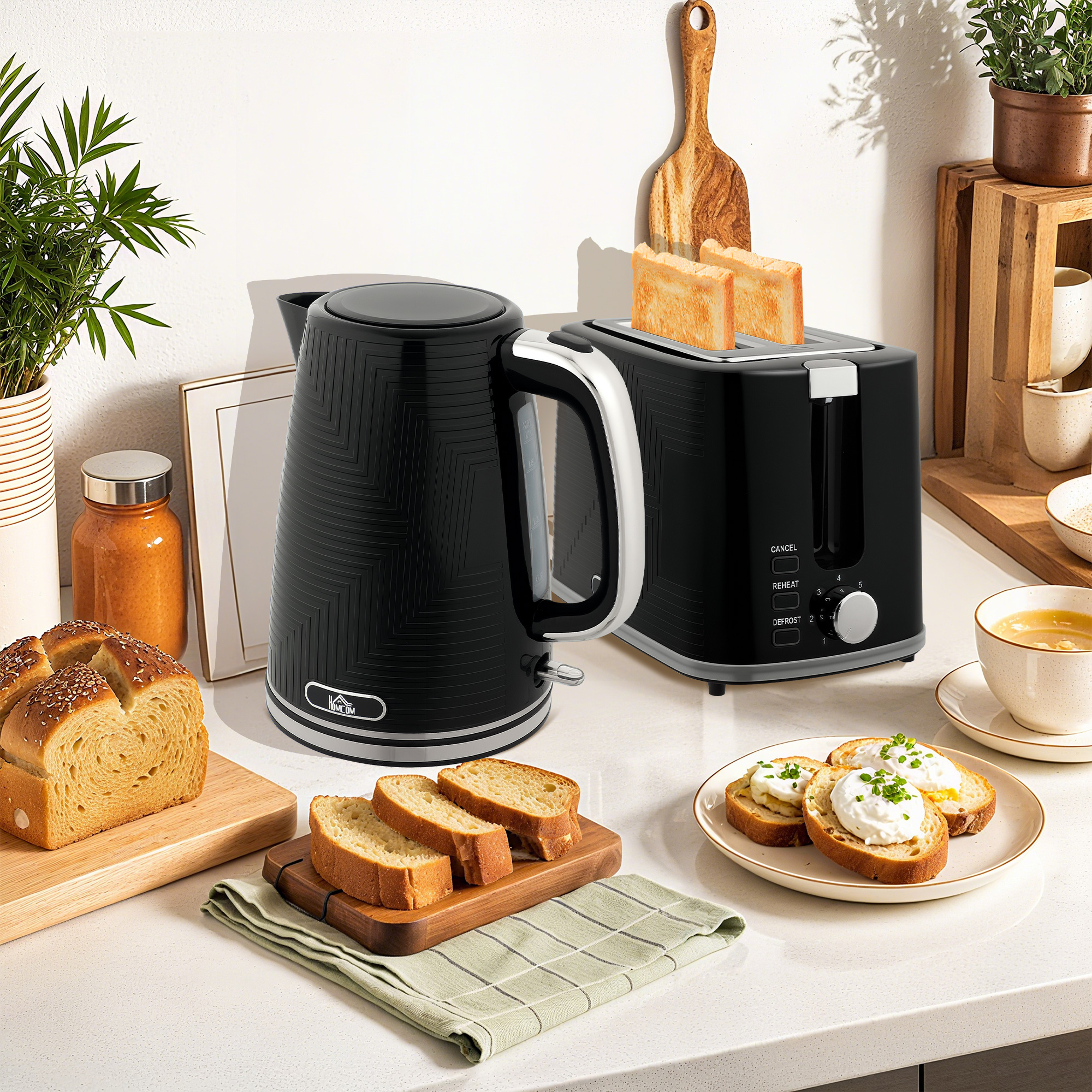 Wasserkocher- und Toaster-Set, 2200W, Otter-Thermostat, 2-Schlitz-Toaster, 7 Bräunungsstufen, Krümelfach, Schwarz