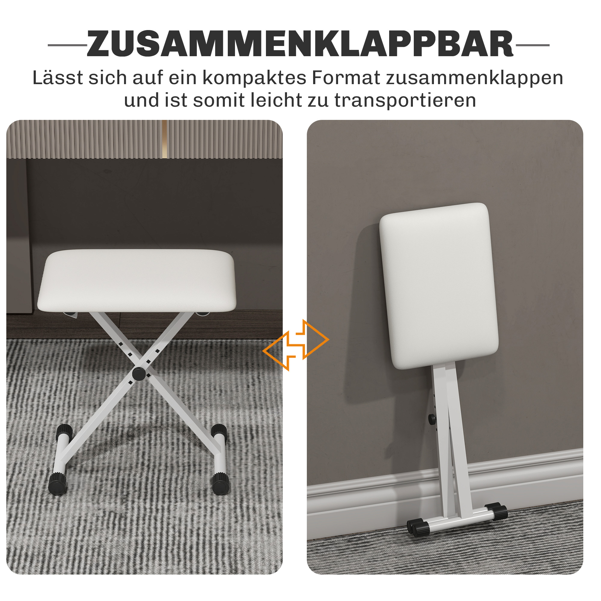 Klavierhocker Höhenverstellbare Klappbare X-förmige Klavierbank mit Kunstleder Kissen 39 x 29 x 37-47 cm Weiß