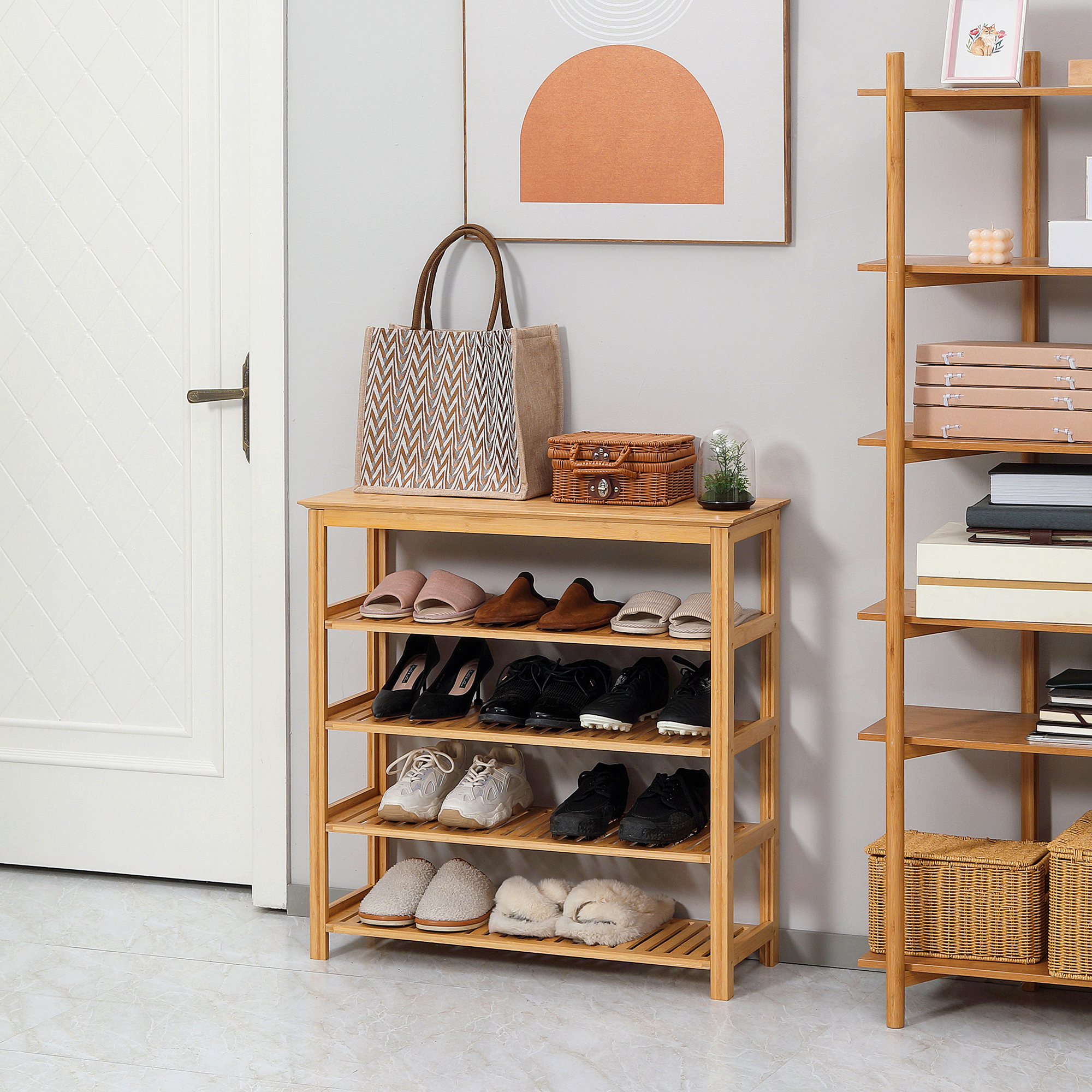 Schuhregal mit 4 Regalen, Bambus, Lamellen, bis Größe EU 45, Natur